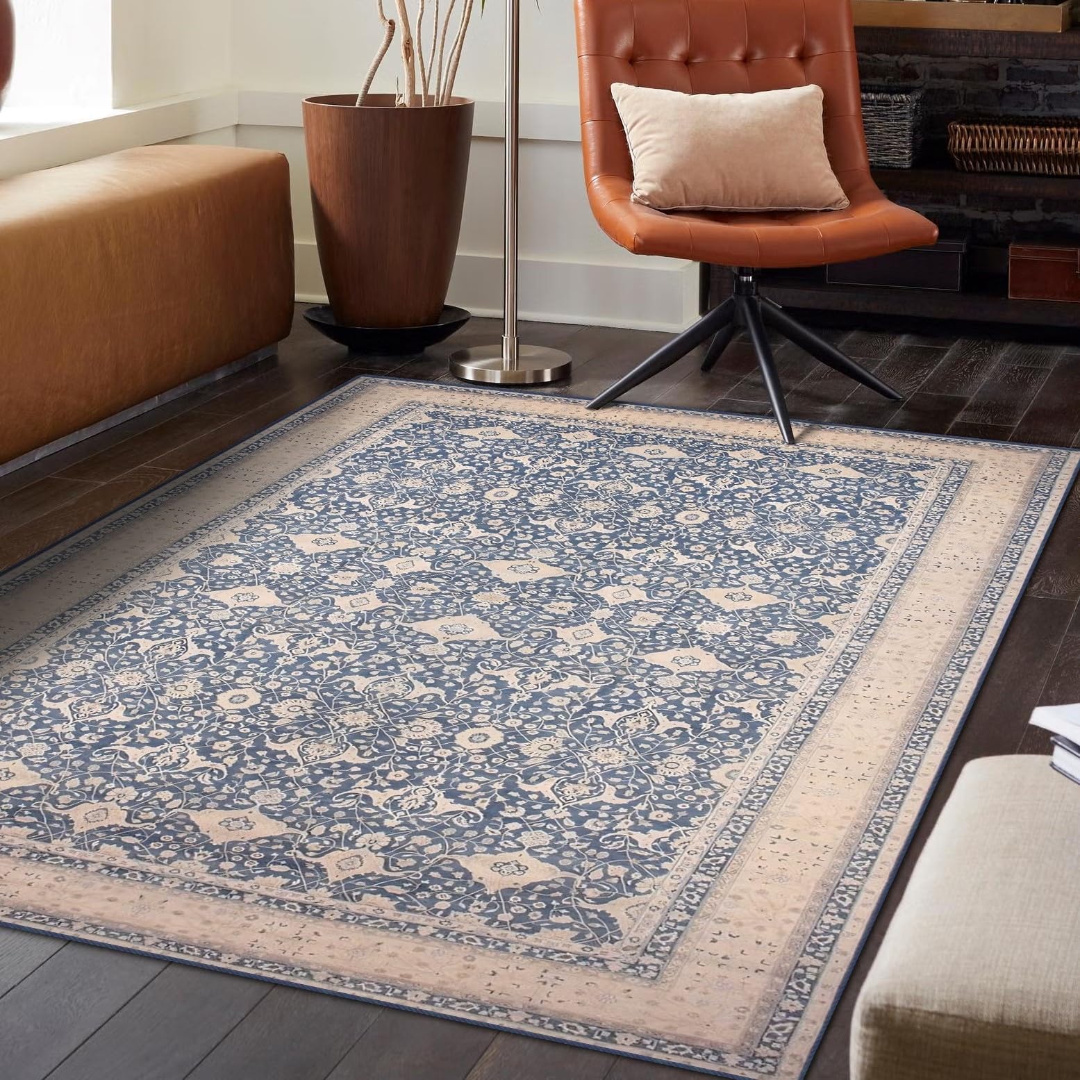 vivorug 3x5 Rug, Small Area Rug for Living Room, Bedroom, Kitchen, Machine Washable Non-Slip Throw Rug, Vintage Floral Carpet for Entryway Nursery Dinner Room - Durable (Blue) โ image 1
