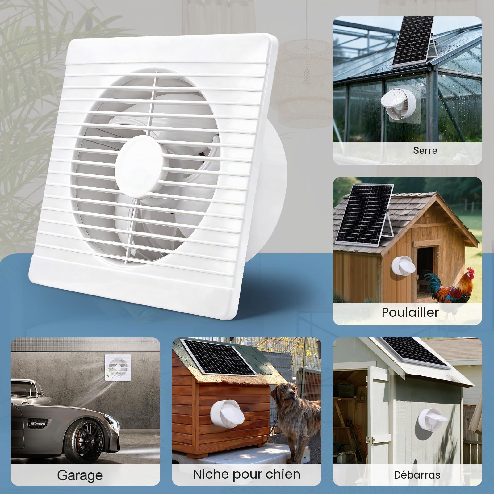 Ventilateur Solaire avec Batterie 6000mAh, Panneau Solaire 22W, Câble de 4m | Ventilation et Minuterie, Vitesses Réglables, Ø200mm, 500 m³/h, 36dB, étanches IP65 Ventilateur Camping pour Serre, Extérieur
