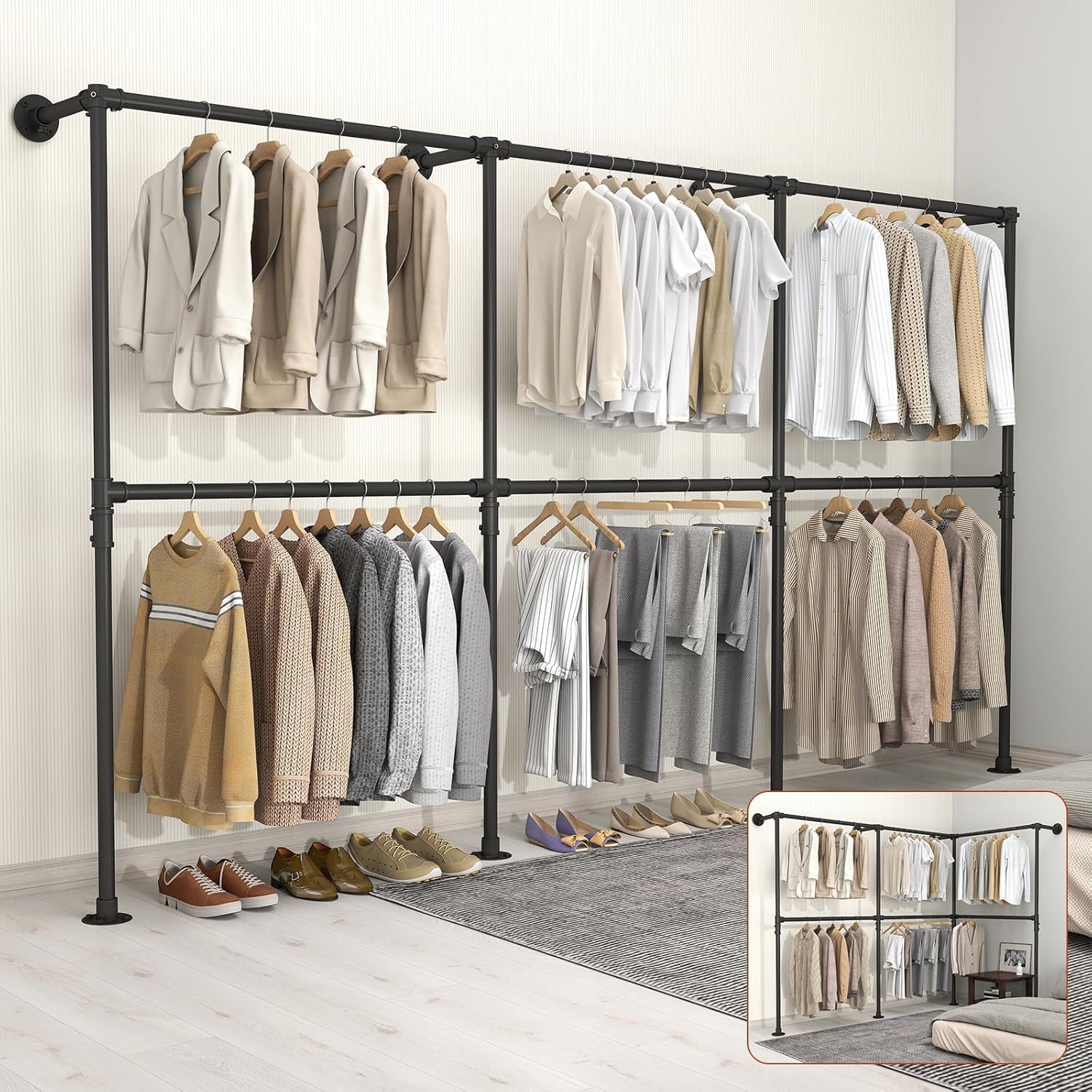 SMONTER Perchero industrial tubular de metal, altura ajustable, para colgar ropa, barra pesada montada en la pared, para armario, dormitorio, 6 rejillas