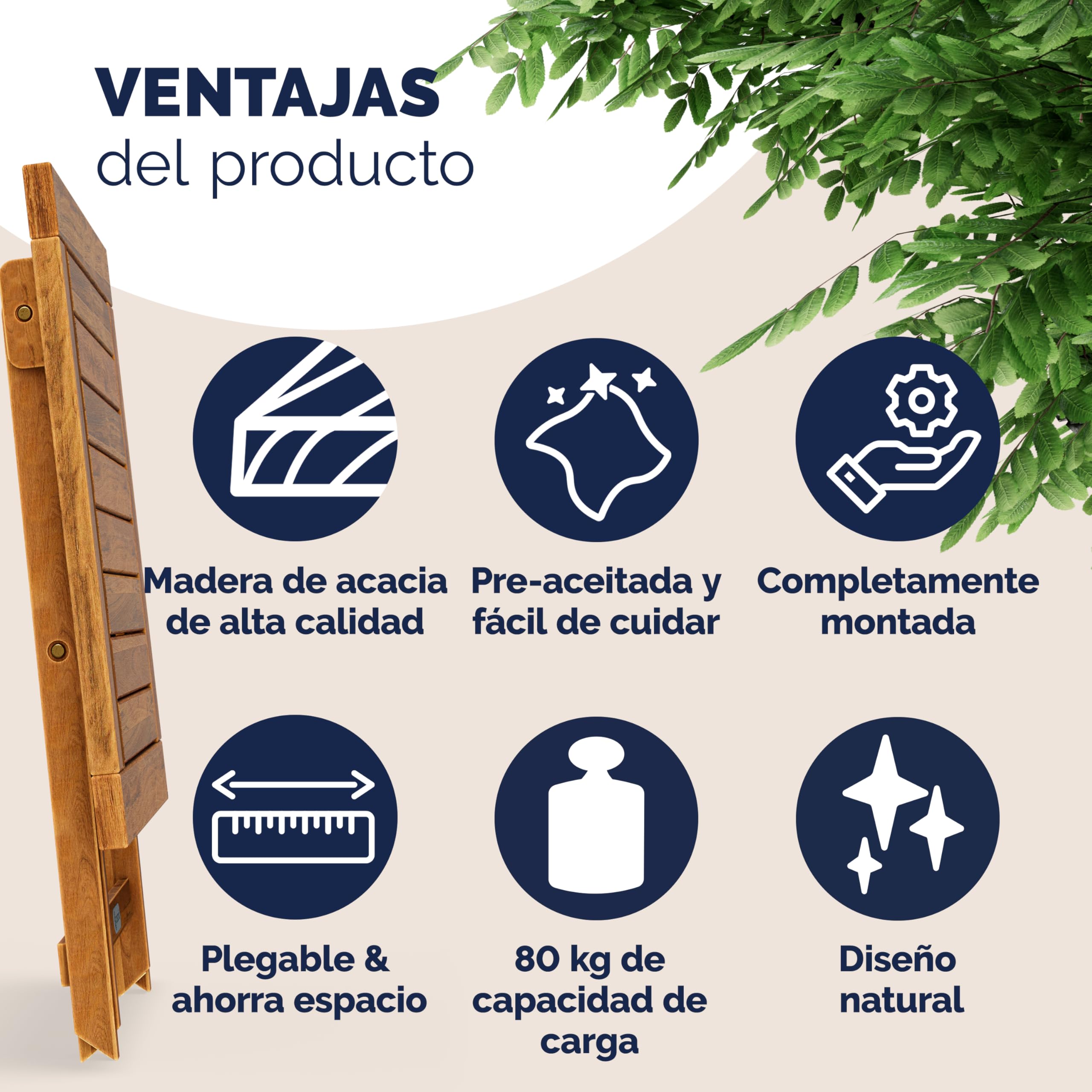 Casaria® Mesita de Jardín de Madera de Acacia 46x46cm Carga hasta 80kg Estable Resistente Intemperie Mesa Auxiliar Plegable Exterior Balcón Terraza Patio