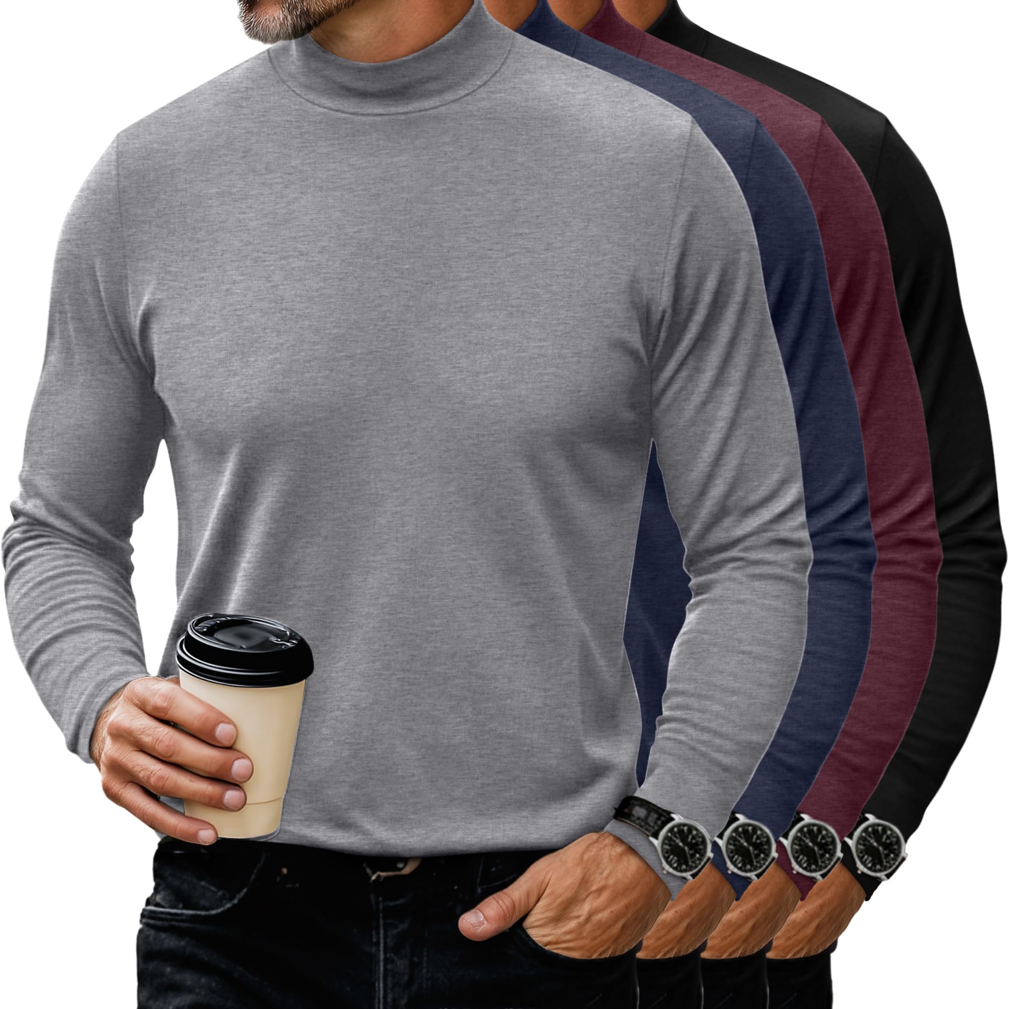 Neer Lot de 4 chemises à col montant pour homme, manches longues, col roulé, coupe ajustée, t-shirts décontractés, légers et basiques