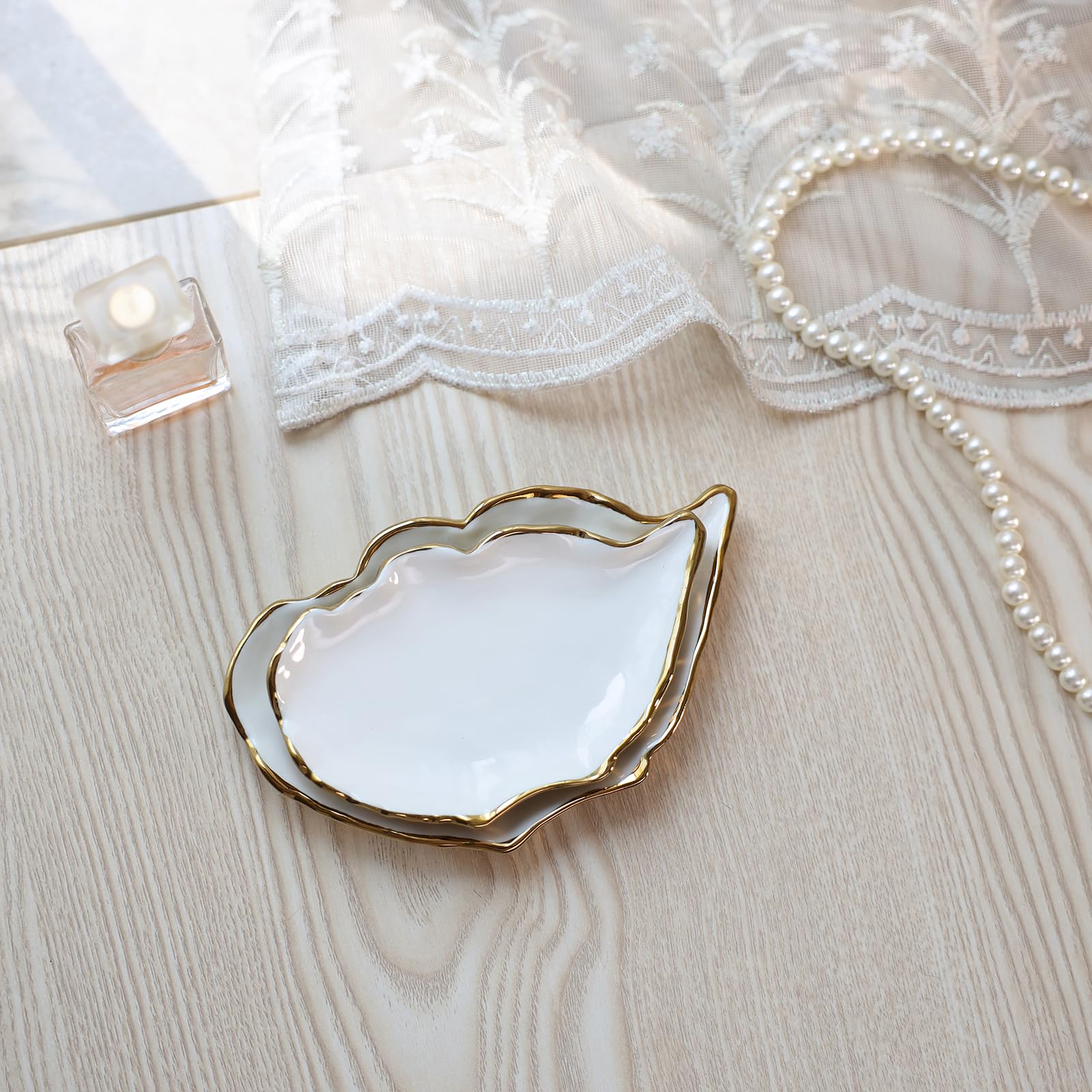 HOME SMILE Oyster Shell Ring Dish,Jewelry Dish Tray Set of 2 Large, for Women,Ceramic Gold
