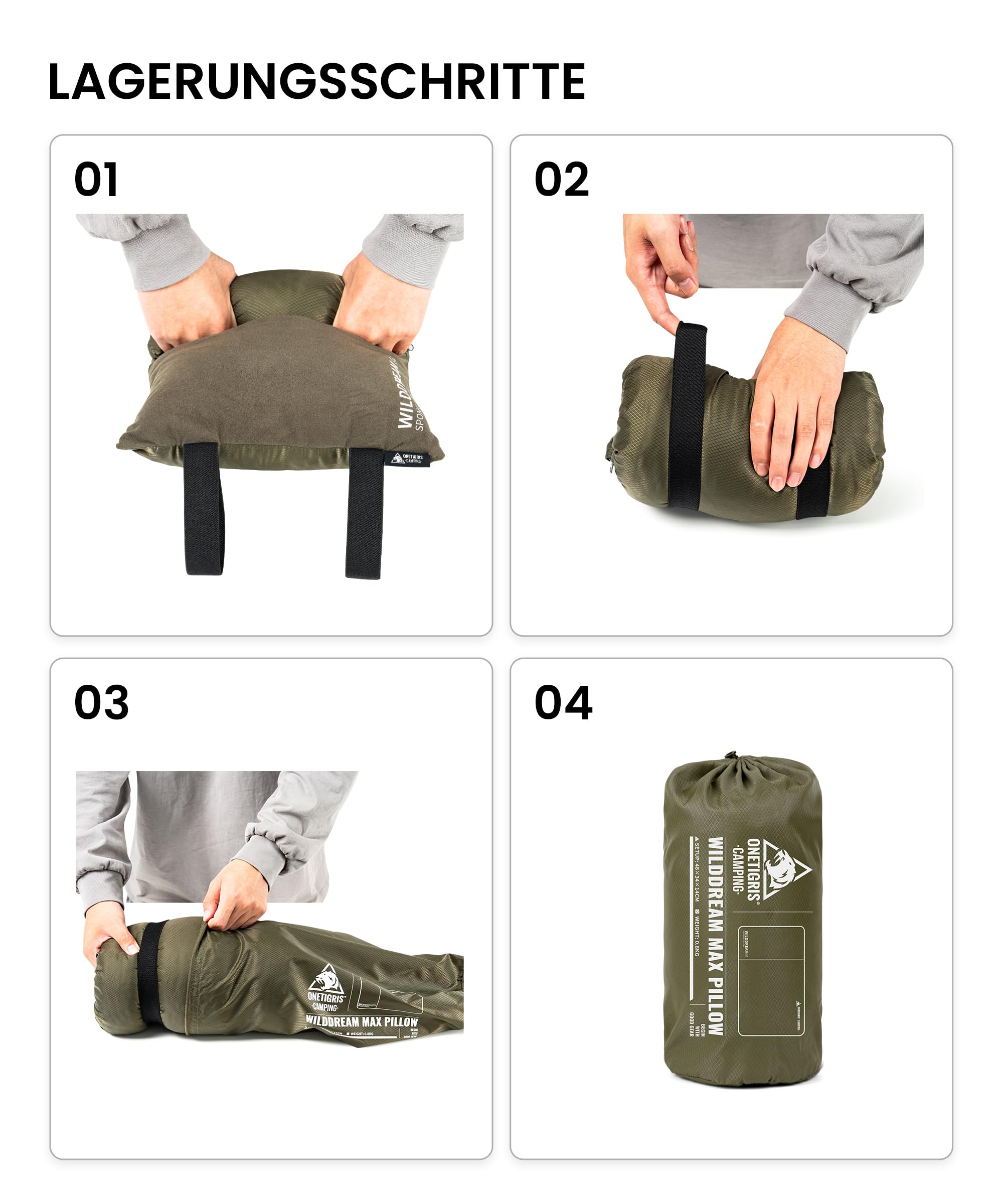 OneTigris WILDDREAM Cuscino per esterni, cuscino da viaggio in memory foam, 48 x 34 x 14 cm | verde, cuscino da campeggio, cuscino in memory foam triturato, comprimibile, per viaggi con zaino, auto e attività all'aperto