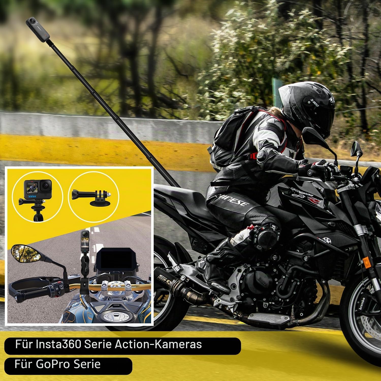 Motorrad Doppelt Klemme Halterung Kit mit 59" Unsichtbarem Selfie Stick kompatibel für Insta 360 X5 X4 X3 X2 X ONE RS R GO 3 Aluminium Legierung Hochbelastbar Lenker Klemme Halterung Zubehör