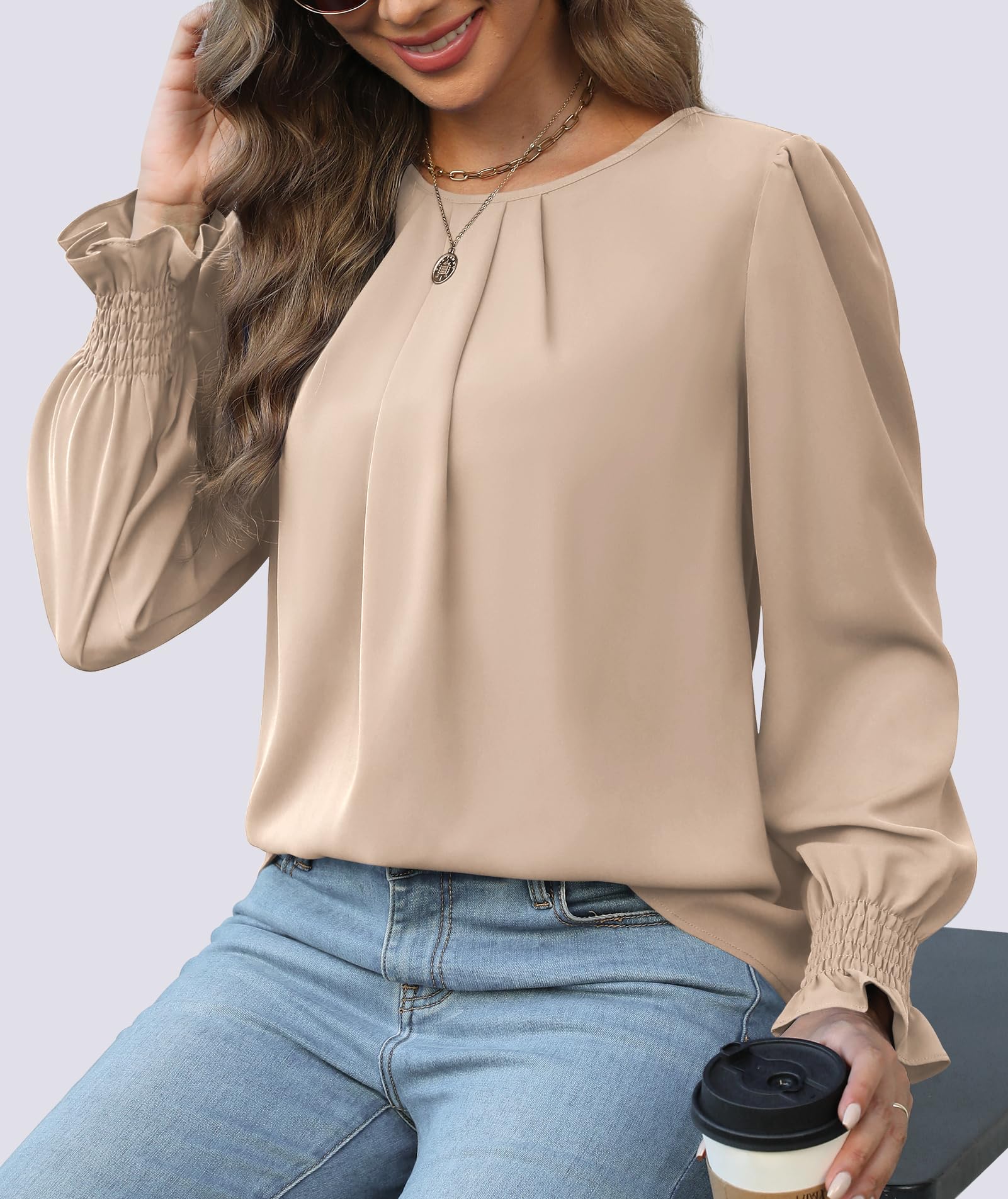 Funlingo Blusas de gasa para mujer, elegantes, informales, fruncidas, de manga larga, plisadas, cuello redondo, holgadas, para otoño de 2025