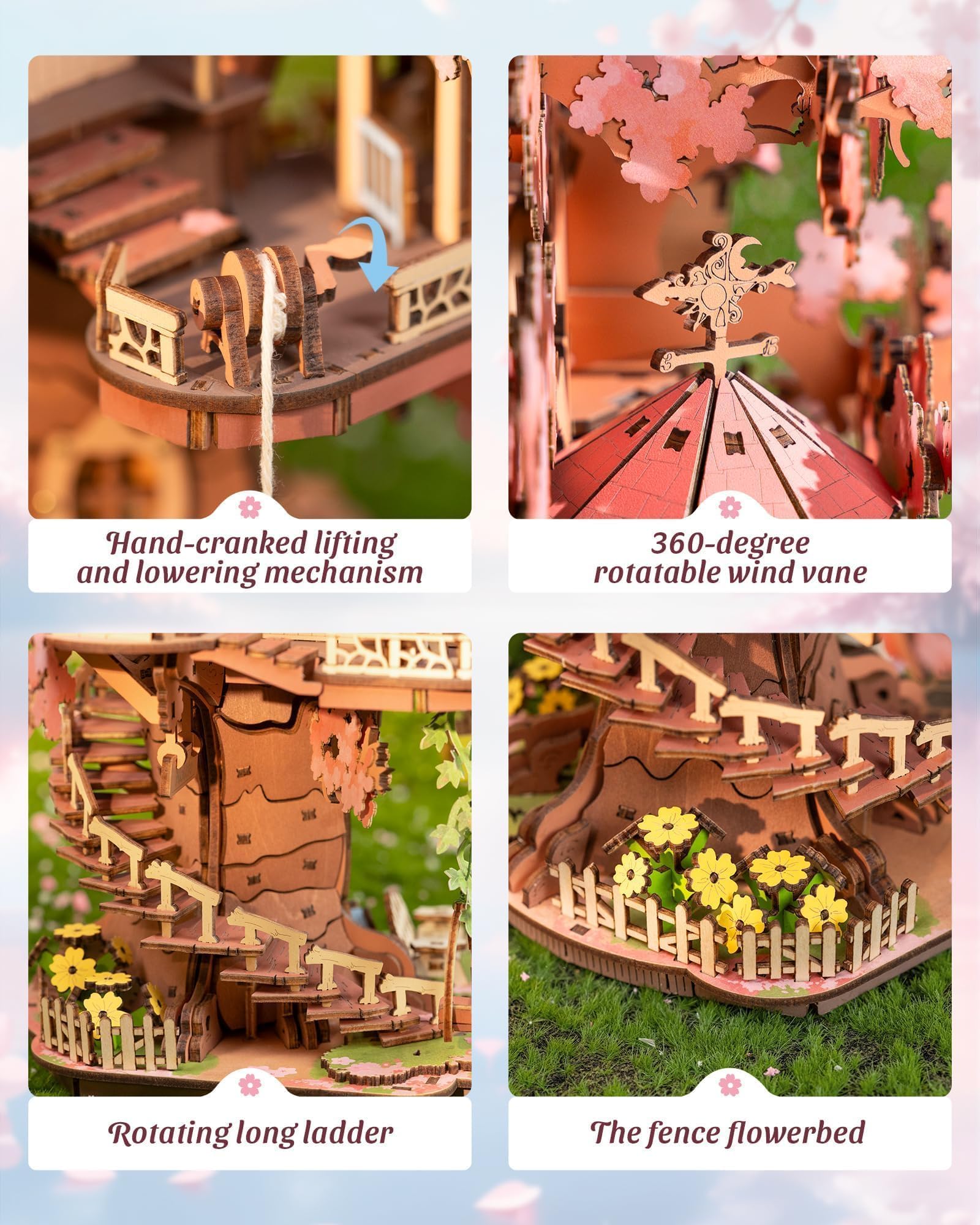 ROBOTIME Drewniane puzzle 3D Sakura domek na drzewie, zestawy modeli dla dorosłych do budowania, dekoracja domu, prezenty rzemieślnicze dla dorosłych i nastolatków