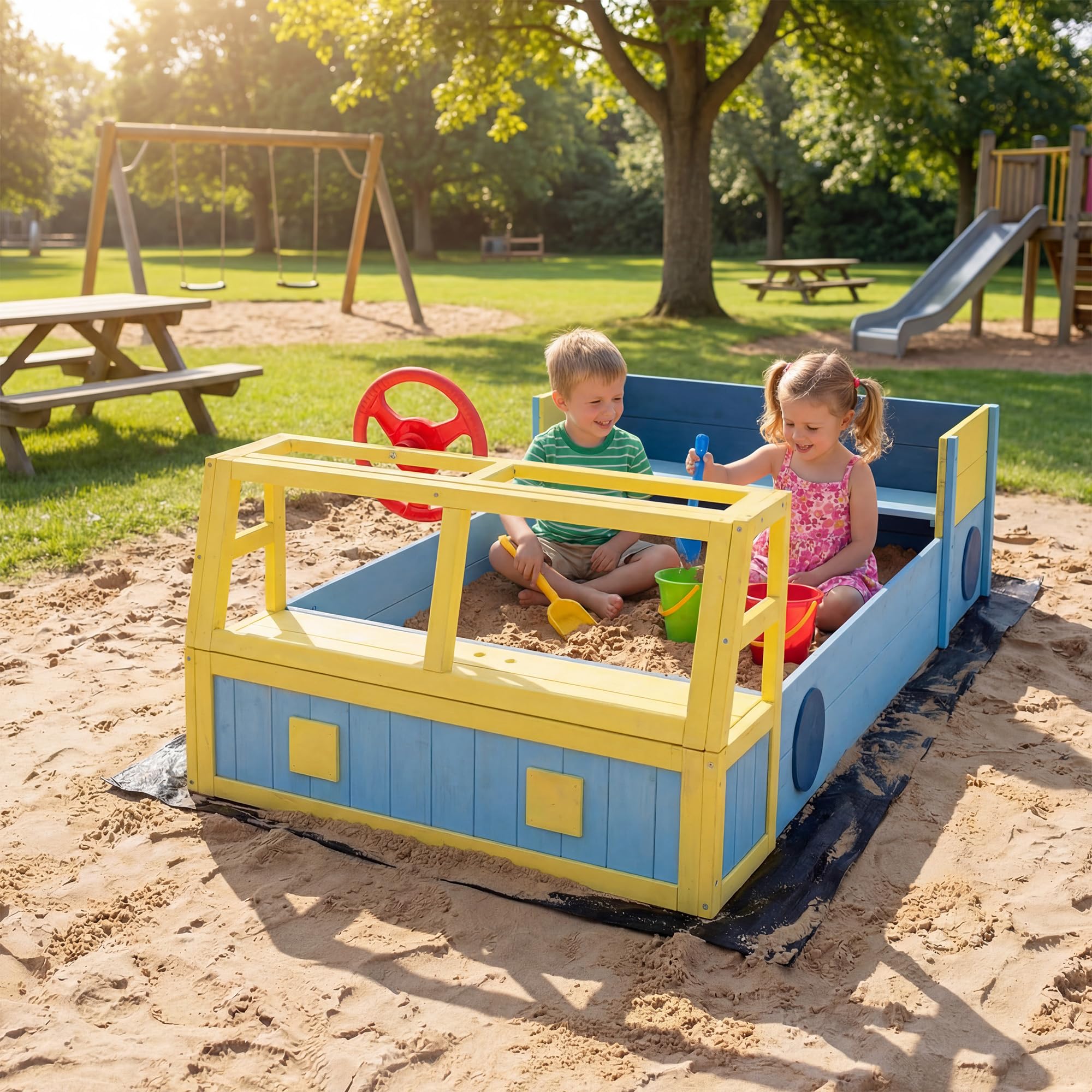 HOMASIS Sabbiera per Bambini a Forma di Camion dei Pompieri, Sabbiera da Esterno con Panca, Contenitore Portaoggetti Nascosto, Rivestimento, Sandbox per bambini 18+ Mesi, 170 x 100 x 48 cm