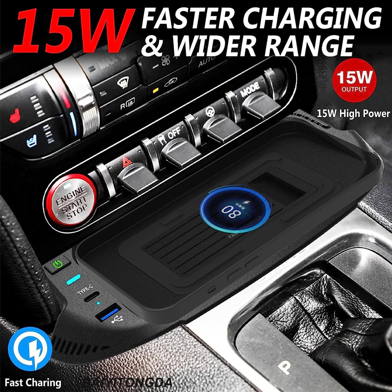 Cargador de Coche Inalámbrico para Ford Mustang 2022 2021 2020 2019 2018 2017 2016 2015, Placa de Cargador de Teléfono de Carga Rápida Qi de 15W con Puerto USB QC3.0