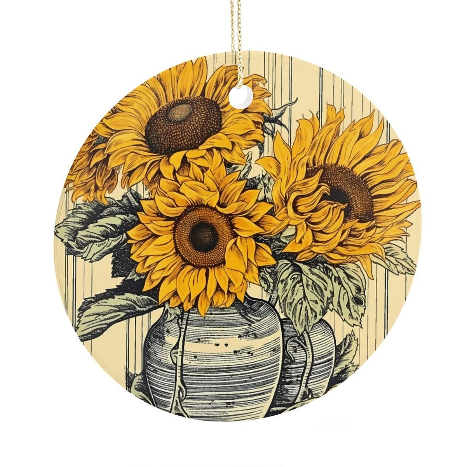 Adfgyerh Style Sunflower Pattern Ceramic Circular Pendant,2.9 Inch，Hanging Ornament，Gift Exchange Idea Round Ceramic Ornament,For Mom And Daughter，For Home Indoor Outdoor Decor.