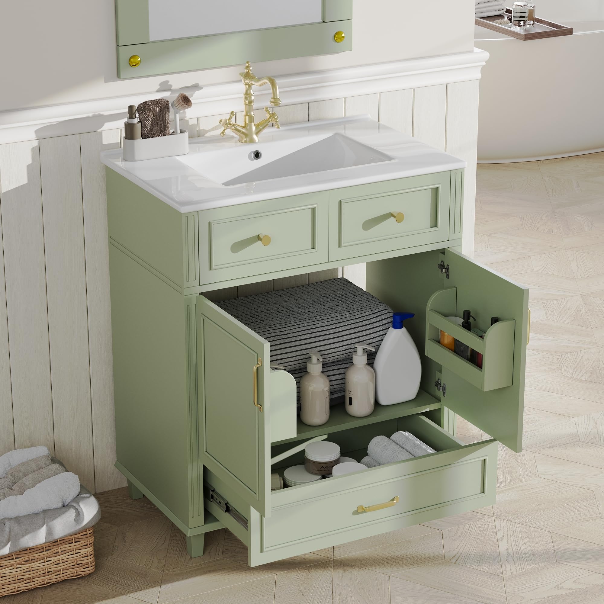 Meuble lavabo 81 cm avec Vasque en céramique, Petit Meuble sous-Vasque avec 3 Tiroirs et Rangement Caché, Poignées Dorées, Désign Simple Moderne, WC Invités, Salle de Bain, Vert-G