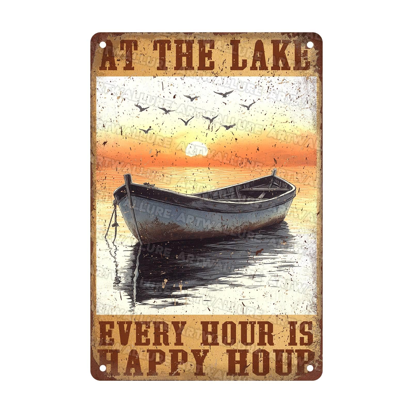 Vintange Metal Sign At The Lake Every Hour Is Happy Hour Novelty Tin Poster Home Bathroom Aluminium Sign Art Wall Decor 8x12Inch