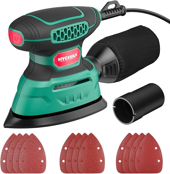 Szlifierka elektryczna HYCHIKA 140W Detail, 13000 OPM, wydajne zbieranie pyłu, z 12-częściowymi arkuszami ściernymi, idealna do szlifowania drewna oraz usuwania rdzy i farby