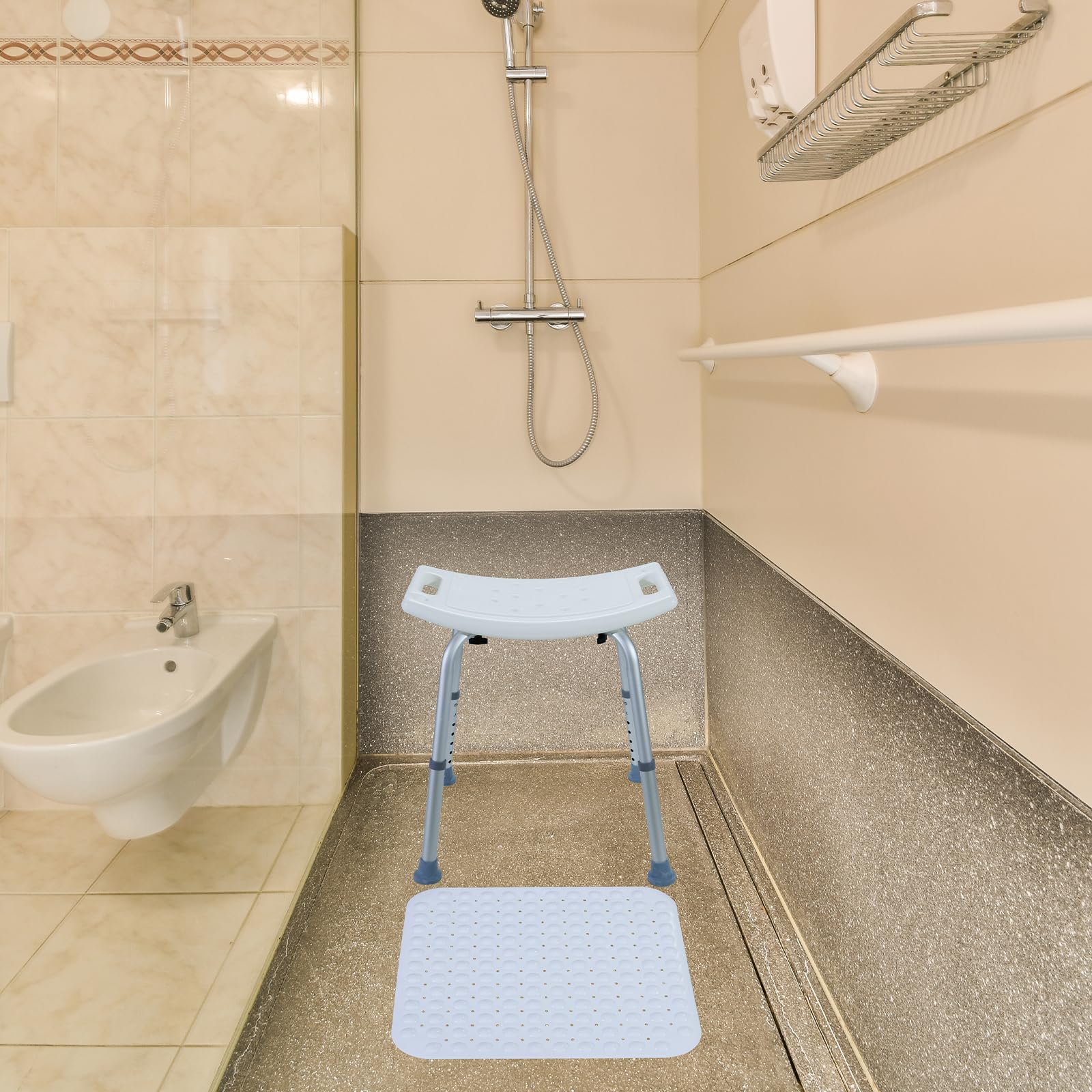 CCLIFE Taboret prysznicowy dla seniorów z antypoślizgową matą, 120 kg, regulacja wysokości, aluminiowe krzesło prysznicowe, antypoślizgowe 40-54 cm