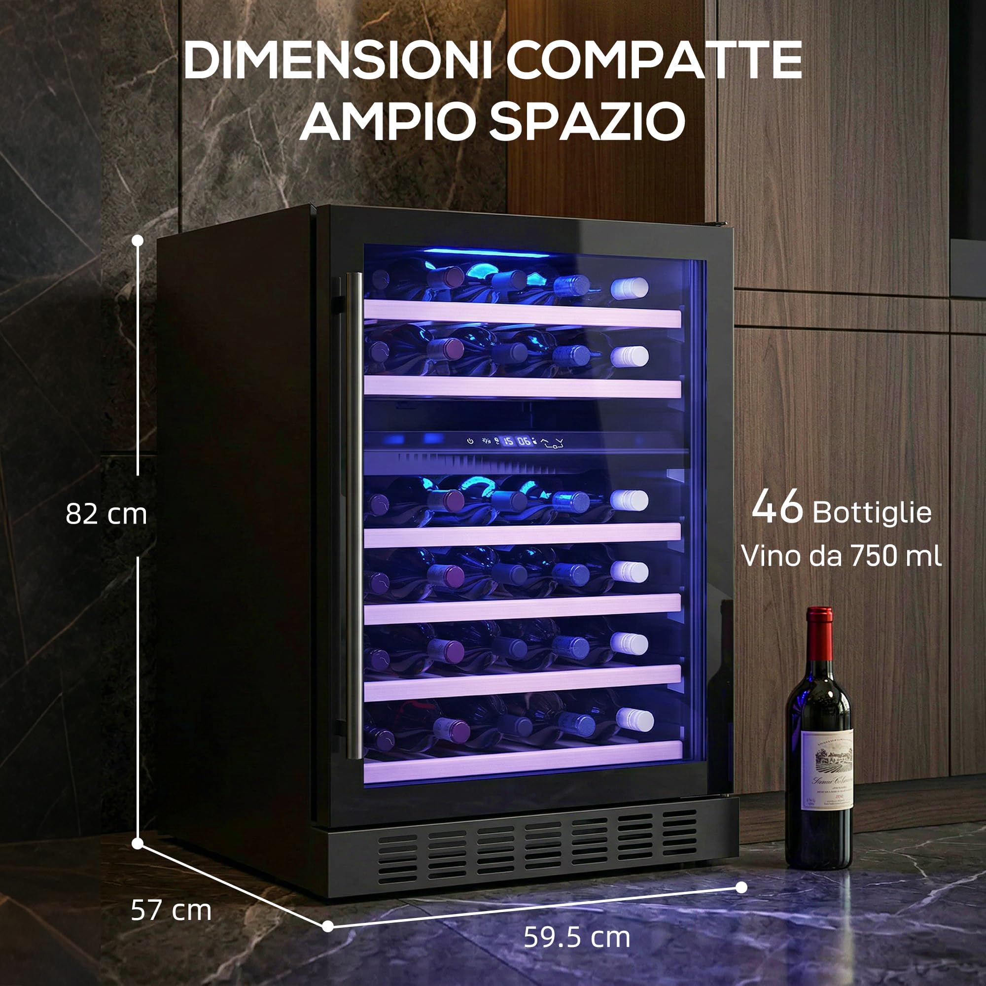 HOMCOM Cantinetta Vino Doppia Temperatura 46 Bottiglie 131L Cantina Vino Frigo Bar Refrigerata Sottopiano Silenziosa 5-18℃, Triplo Vetro Anti UV, Ripiani Regolabili Legno, Display Touch, LED, Classe F