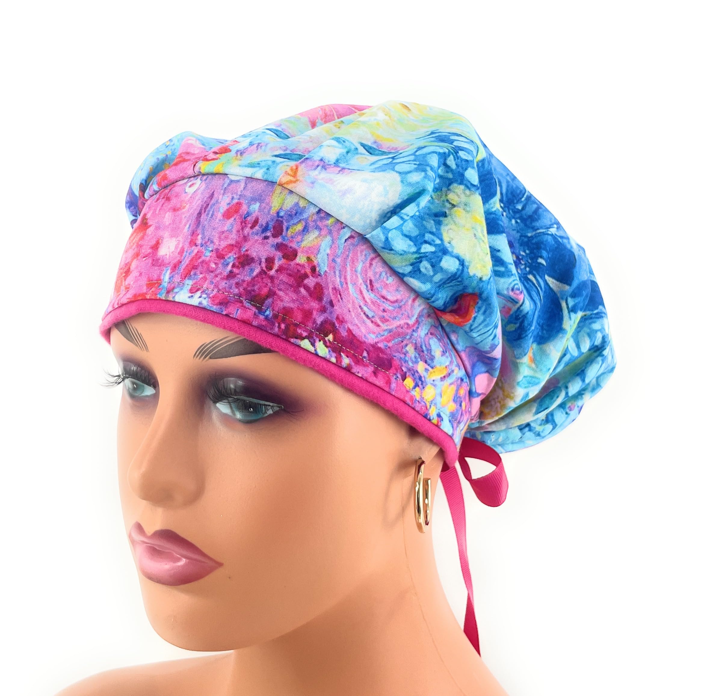 Bouffant Medical Scrub Cap - Blue Painted Floral - Scrub Hat for Women & Men tie Back | Scrub Hats for Women, Nurses Hats | Dr. Hats