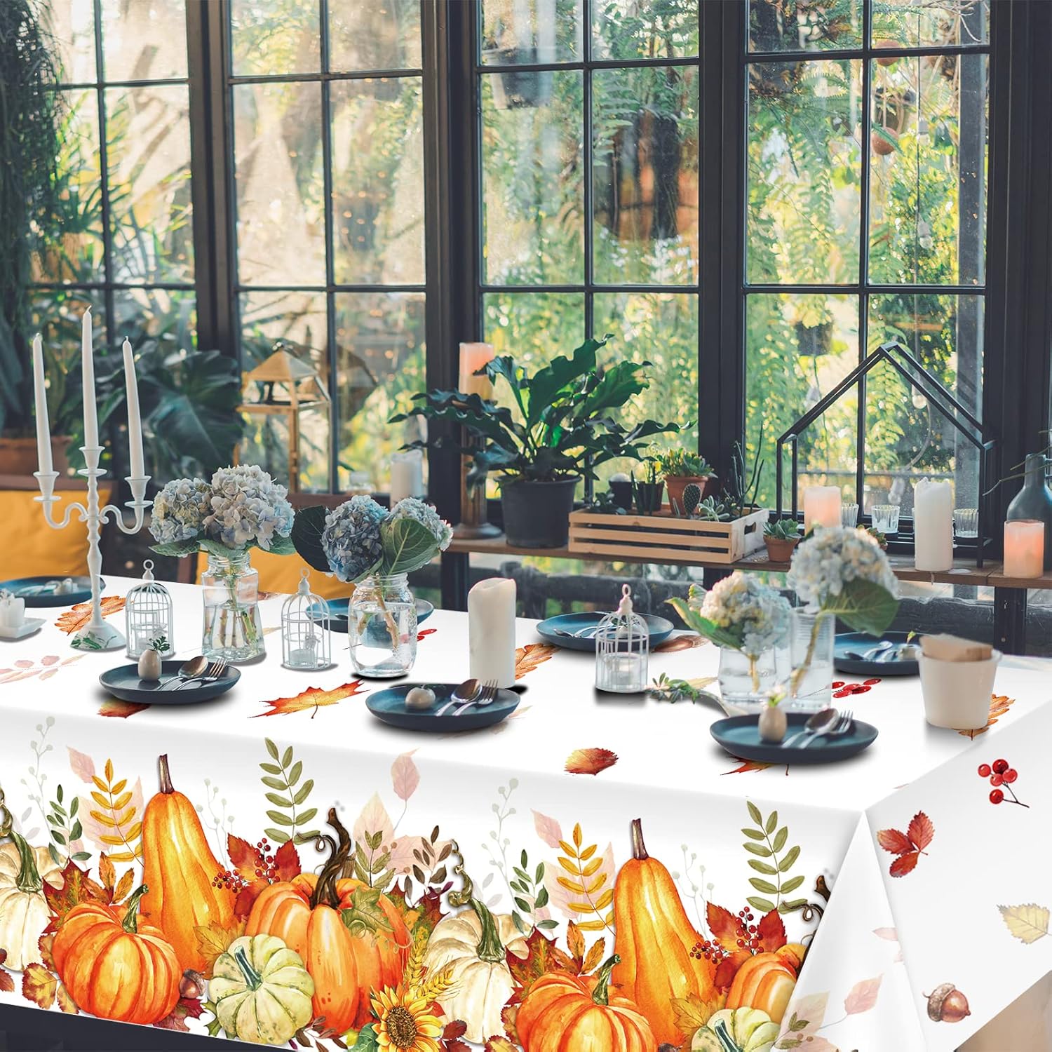 Jectivs 12 Pieces Autumn Pumpkin Thanksgiving Party Tablecloth Decorations, Plastic Vintage Pumpkins Vines Maple Leaves Fall Harvest Table Cover for Thanksgiving Party Supplies, 54 x 108 Inch