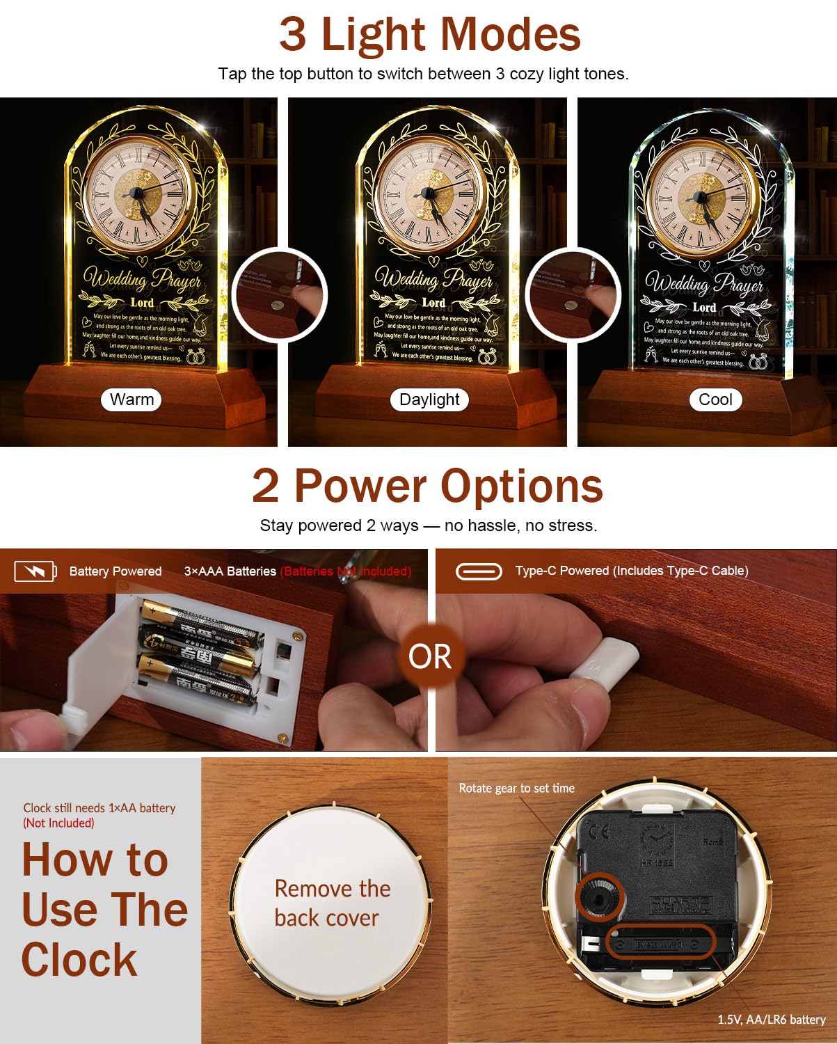 Reloj de cristal para parejas 2026 con base de luz de madera, regalo de matrimonio de feliz aniversario, regalo único de compromiso para recién casados, señor y señora