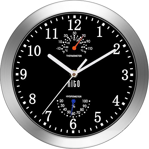 HITO Reloj de pared silencioso. Reloj de pared silencioso con marco de metal y tapa de cristal de 10 pulgadas
