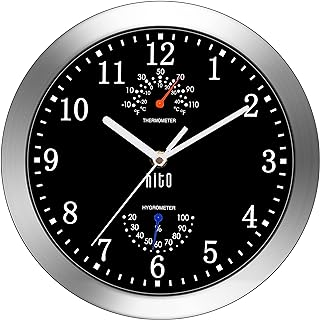 HITO 10 inch (about 25.4 cm) silent wall clock Battery powered no ticking movement Glass cover silver aluminum frame for kitchen, bedroom, home office, living room decoration (black)