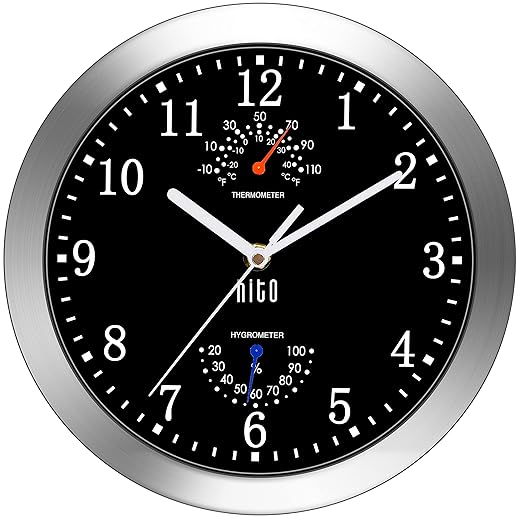 HITO 10 Inch Silent Wall Clock Battery Operated Non Ticking Glass Cover Silver Aluminum Frame, for