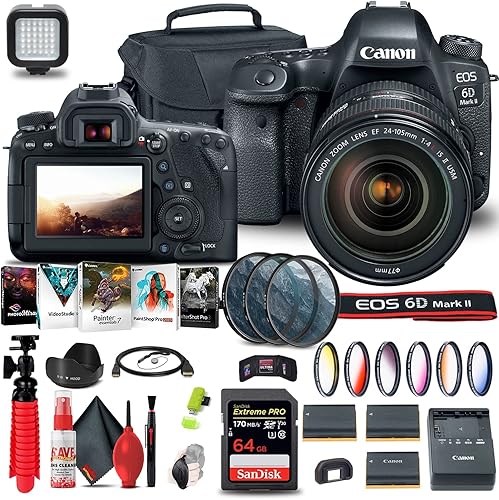 Canon Cámara DSLR EOS 6D Mark II con lente f/4L II de 0.945-4.134 in (1897C009) + tarjeta de 64 GB + kit de filtro de color + estuche + kit de
