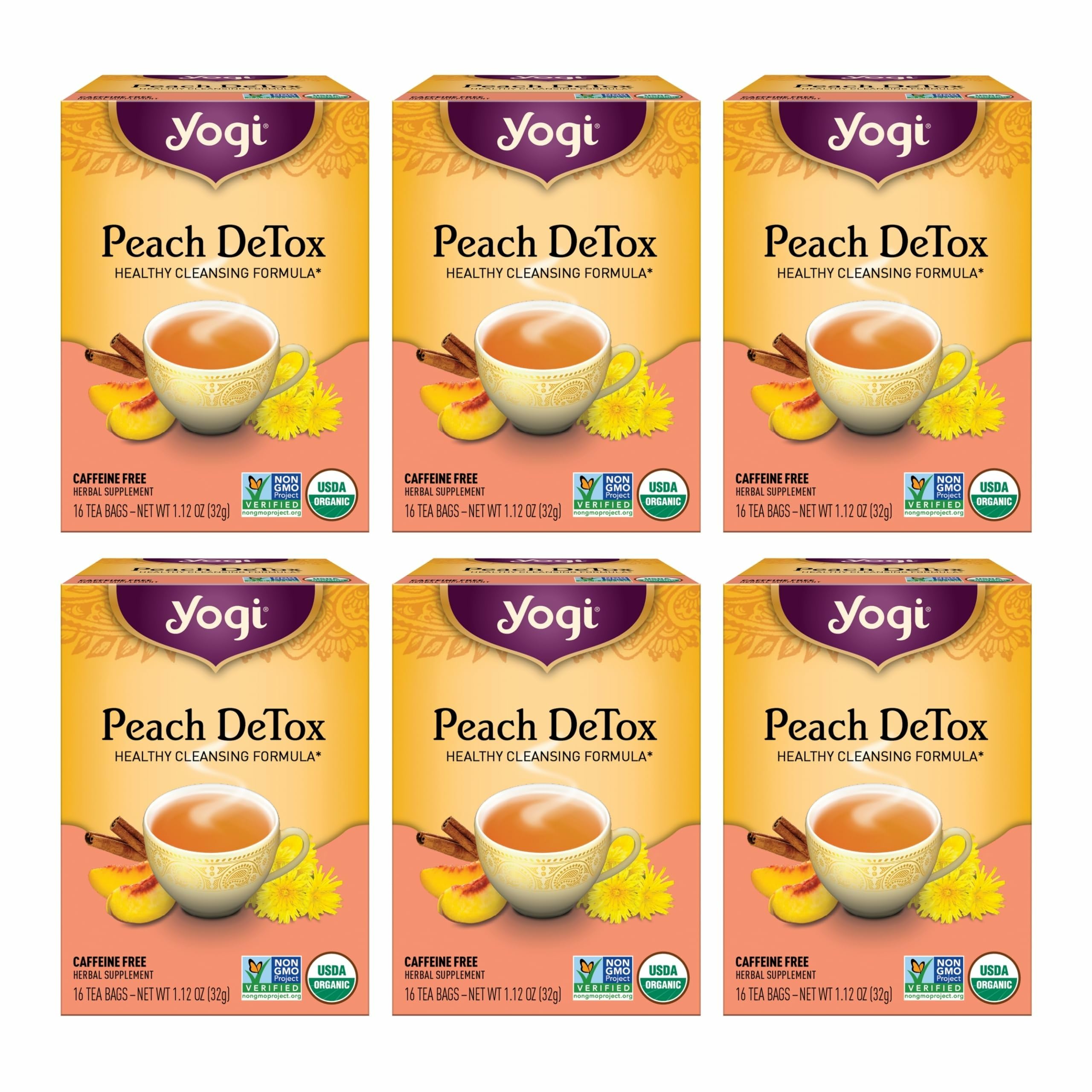 Tea - Peach DeTox Tea (6 Pack) - Healthy Cleansing Formula with Traditional Ayurvedic Herbs - Caffeine Free - 96 Organic Herbal Tea Bags