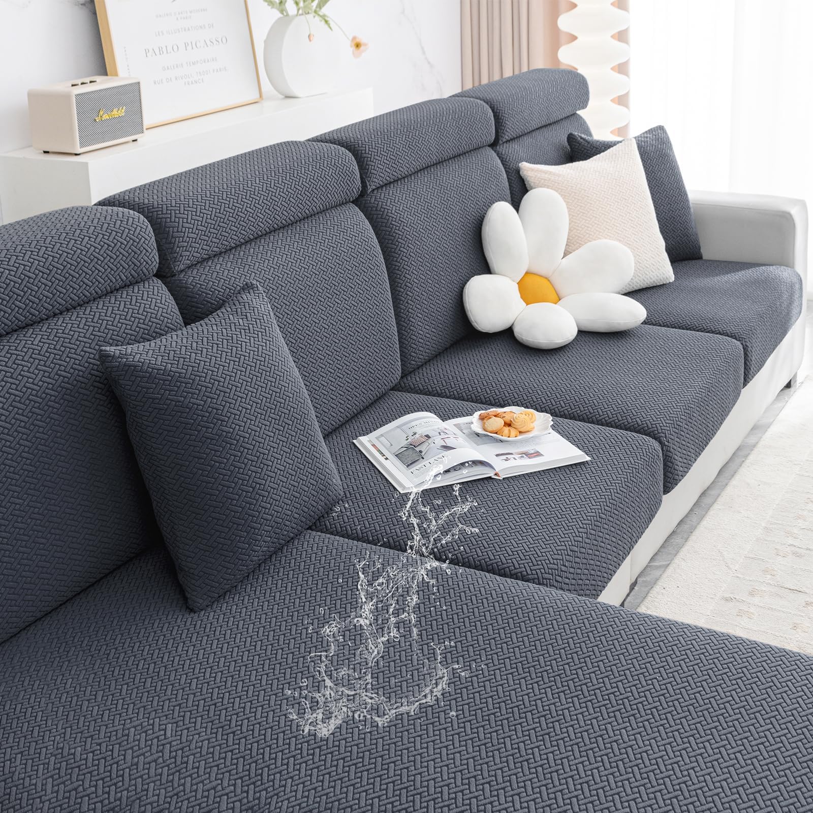 smiry Waterproof Couch Cushion Covers, Stretch Jacquard Sofa Cushion Covers, Reversible Washable Seat Cover Slipcover Elastic Furniture Protector for Pets, Kid (3PC, Grey)