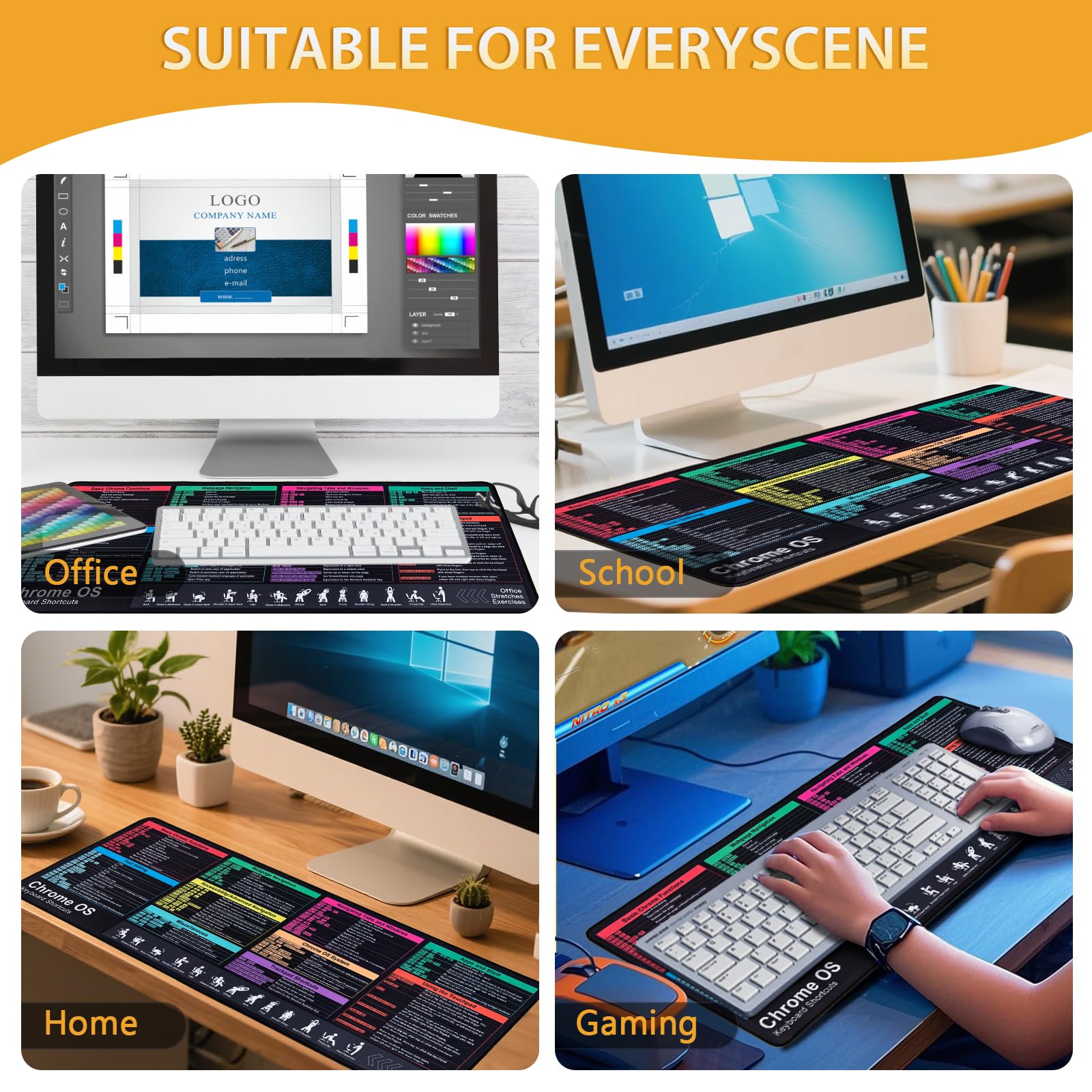 Chrome OS Shortcuts Mauspad, großes Mauspad für Chromebook, erweitertes Gaming-Pad für Maus und Tastatur, hochauflösender Druck, Nähte, waschbar, rutschfest (Chrome OS)