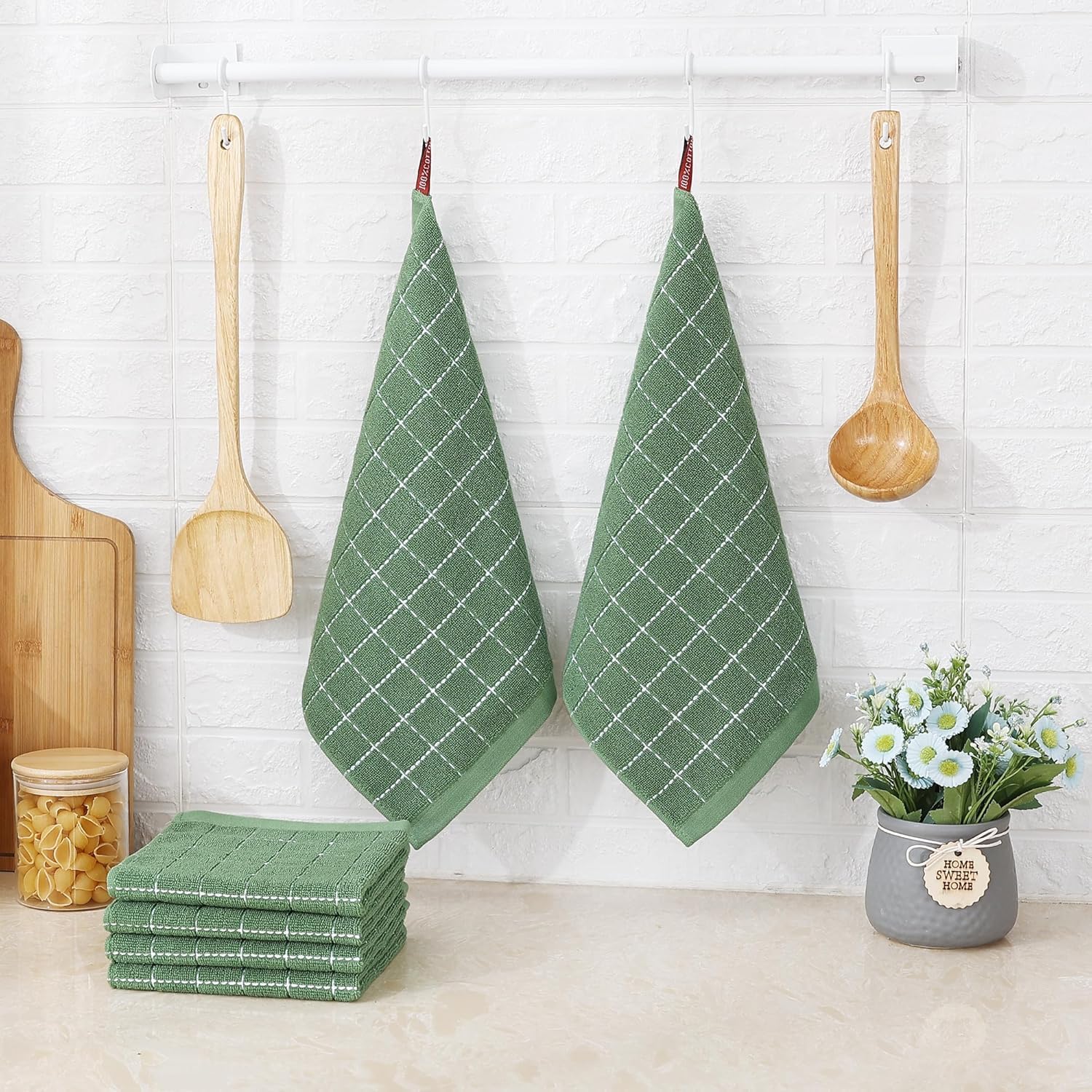 Homaxy 100% Cotton Terry Kitchen Dish Cloths, 7 Pack, Grass Green | Ultra Soft and Absorbent Dish Towels for Kitchen, Suitable for Drying and Washing Dishes