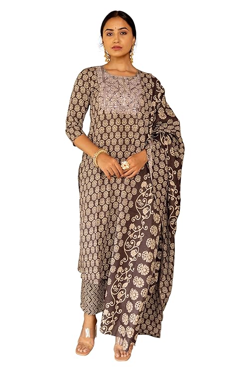 MIRCHI FASHION Women’s Designer Straight Fit Cotton Printed and Embellished Kurta Set with Trouser Pant and Dupatta – Coffee Brown, Beige