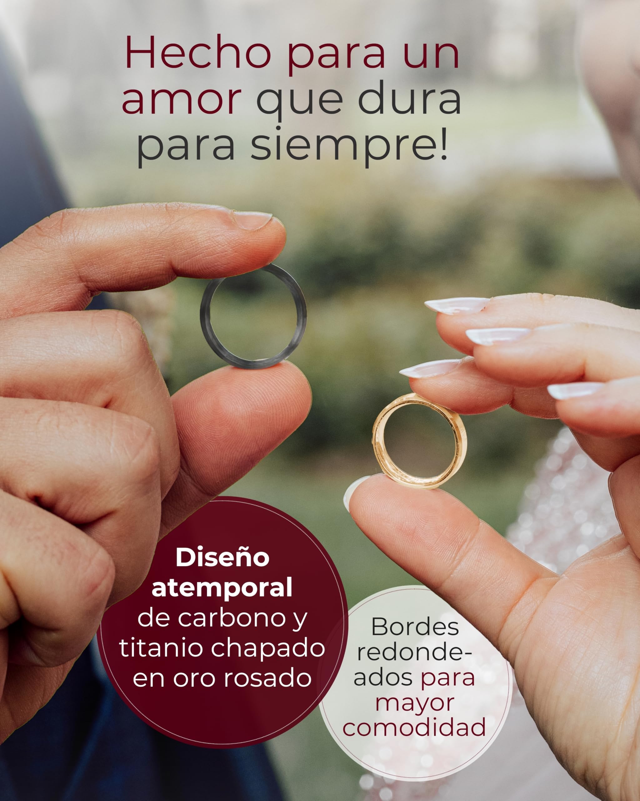 123traumringe Anillos de boda de carbono, titanio y con baño de oro rosado, precio por par con circonitas, incluye grabado, alianzas de titanio para él y ella, anillos de boda, P36