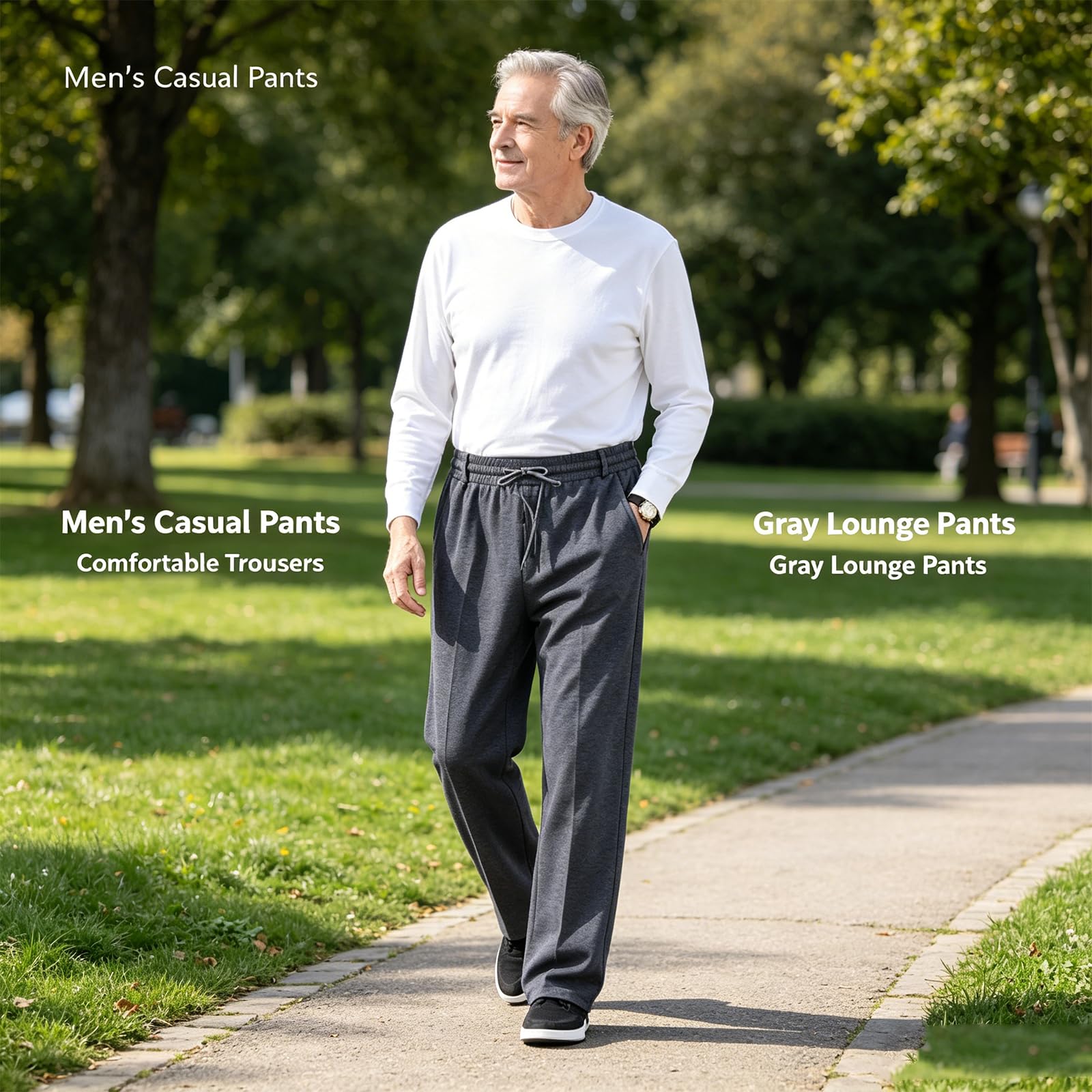 Pantalones de cintura elástica para hombre mayor, pantalones deportivos casuales con cremallera y cordón, pantalones de trabajo elásticos y holgados con bolsillos