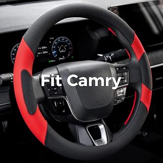West Llama Customized Auto Car Steering Wheel Cover for Toyota Camry 2006-2025 2026 SE XSE Hybrid LE XLE 2006-2026, Microfiber Leather, 14.5-15inch, Black + Red