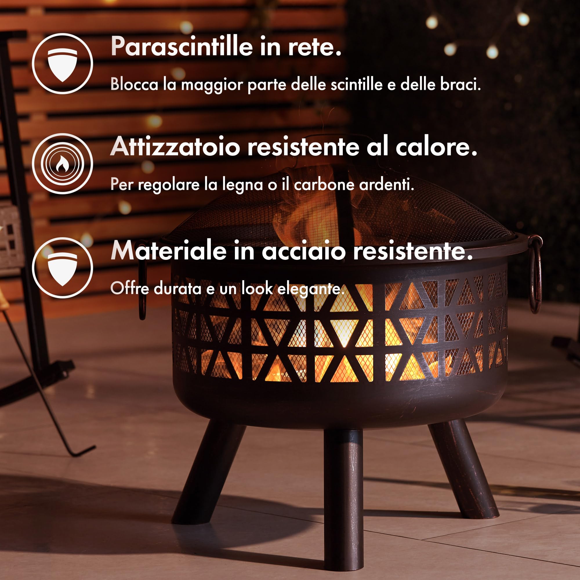 Vonhaus Braciere per esterni, giardino e patio – portatile e leggero, in acciaio bronzato marrone, attizzatoio, rete protettiva e maniglie, legna o carbone (Design Geometrico in Marrone)
