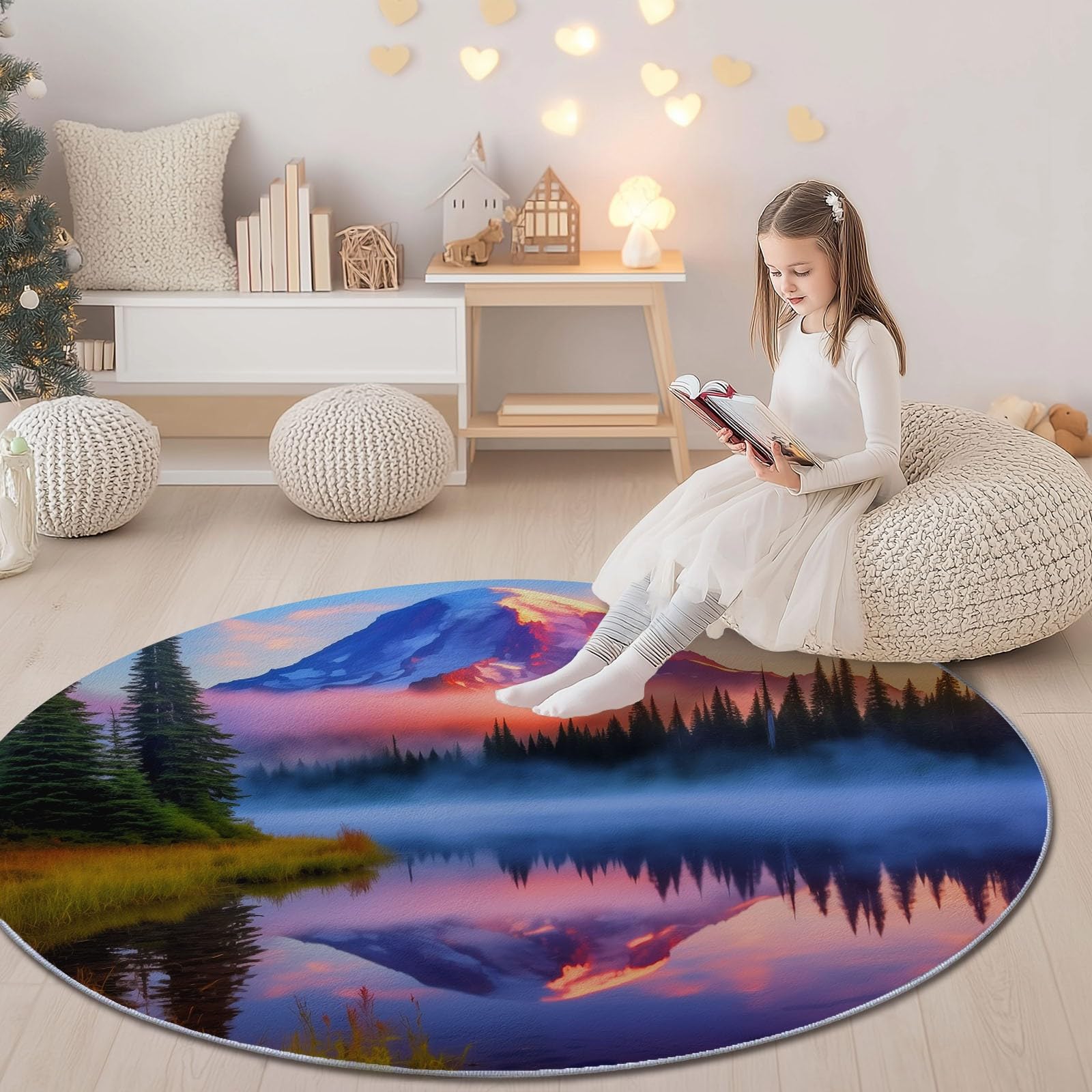 Genérico Alfombra Redonda para Comedor Montañas Naturales Lagos Motivo Alfombra Antideslizante Suave y esponjosa para Sala de Estar, Dormitorio, habitación Infantil, 150 cm, Azul