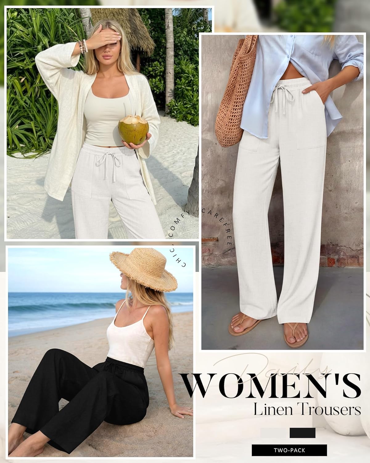 Neer 2 Pack Women's Linen Long Pants, Summer Drawstring Elastic Waist Flowy Straight Pant Casual Loose Beach Pant with Pocket