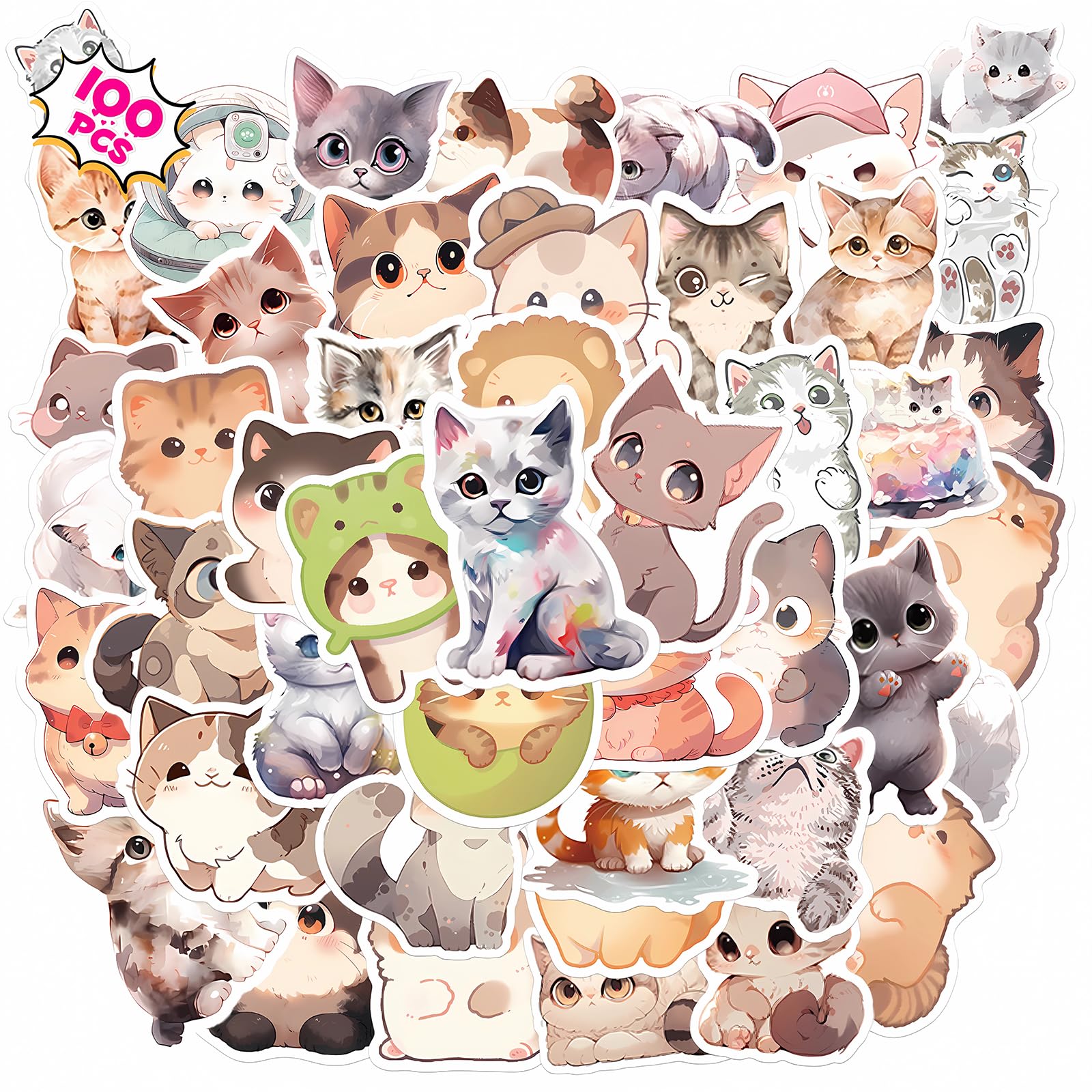 100-Piece Cute Cat Stickers Pack - Vinyl, Waterproof, No Duplicates For Water Bottles, Phones & Planners - View #12
