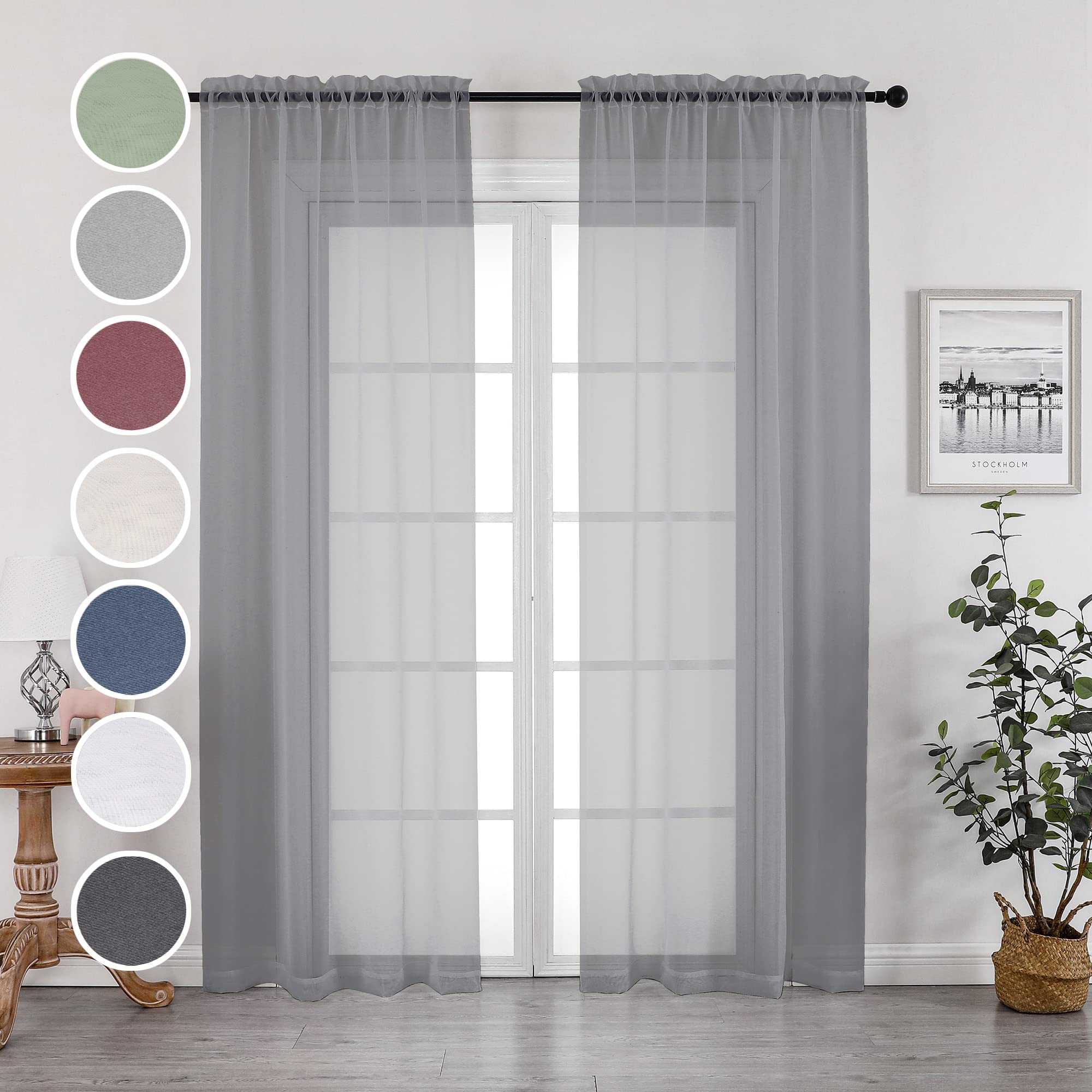 OWENIE Grey Sheer Curtains, Sheer Curtains 84 inch Length 2 Panels Set, Rod Pocket Voile Fimly Sheer Drapes for Living Room/Bedroom, 2pcs, Each 42" W x 84" L