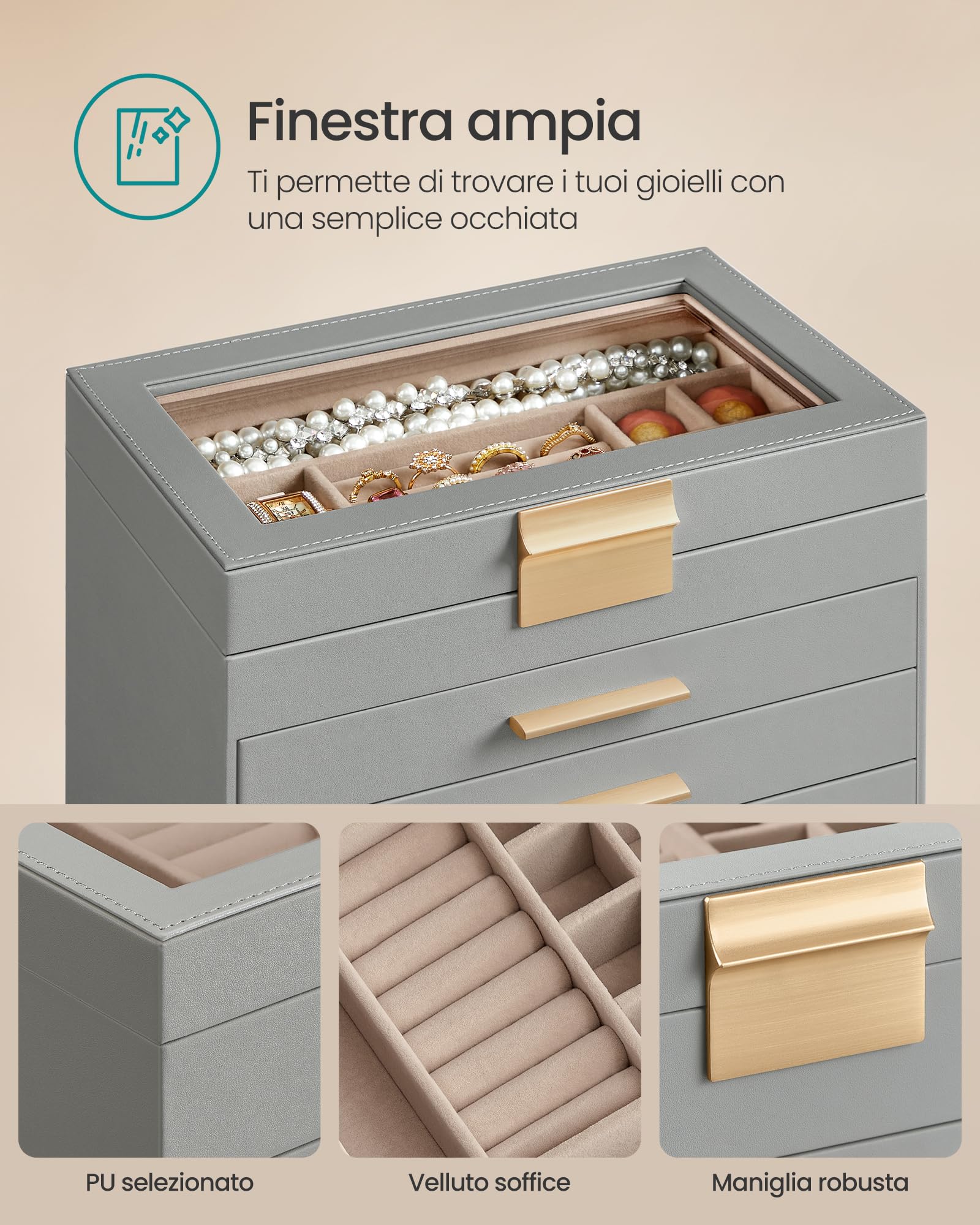 SONGMICS Scatola Portagioie, 6 Livelli, Coperchio in Vetro, 5 Cassetti, Porta Gioielli, Occhiali da Sole e Accessori Grandi, Moderno, Grigio Tortora e Dorato JBC171G01