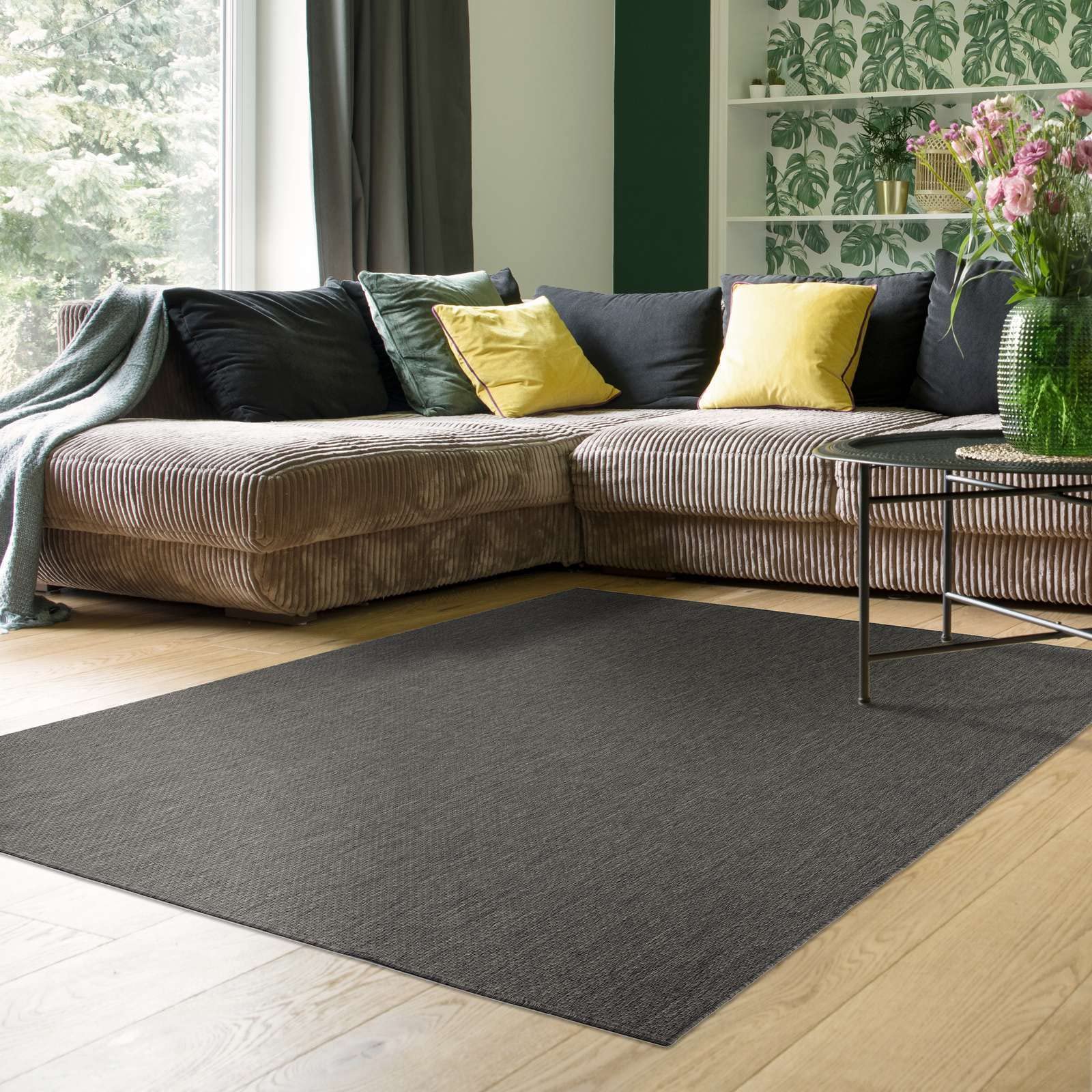 Taracarpet Outdoor Teppich Wetterfest Wohnzimmer Balkon Küchenteppich Flachgewebe Sisaloptik Einfarbig Uni anthrazit dunkelgrau 160x220 cm