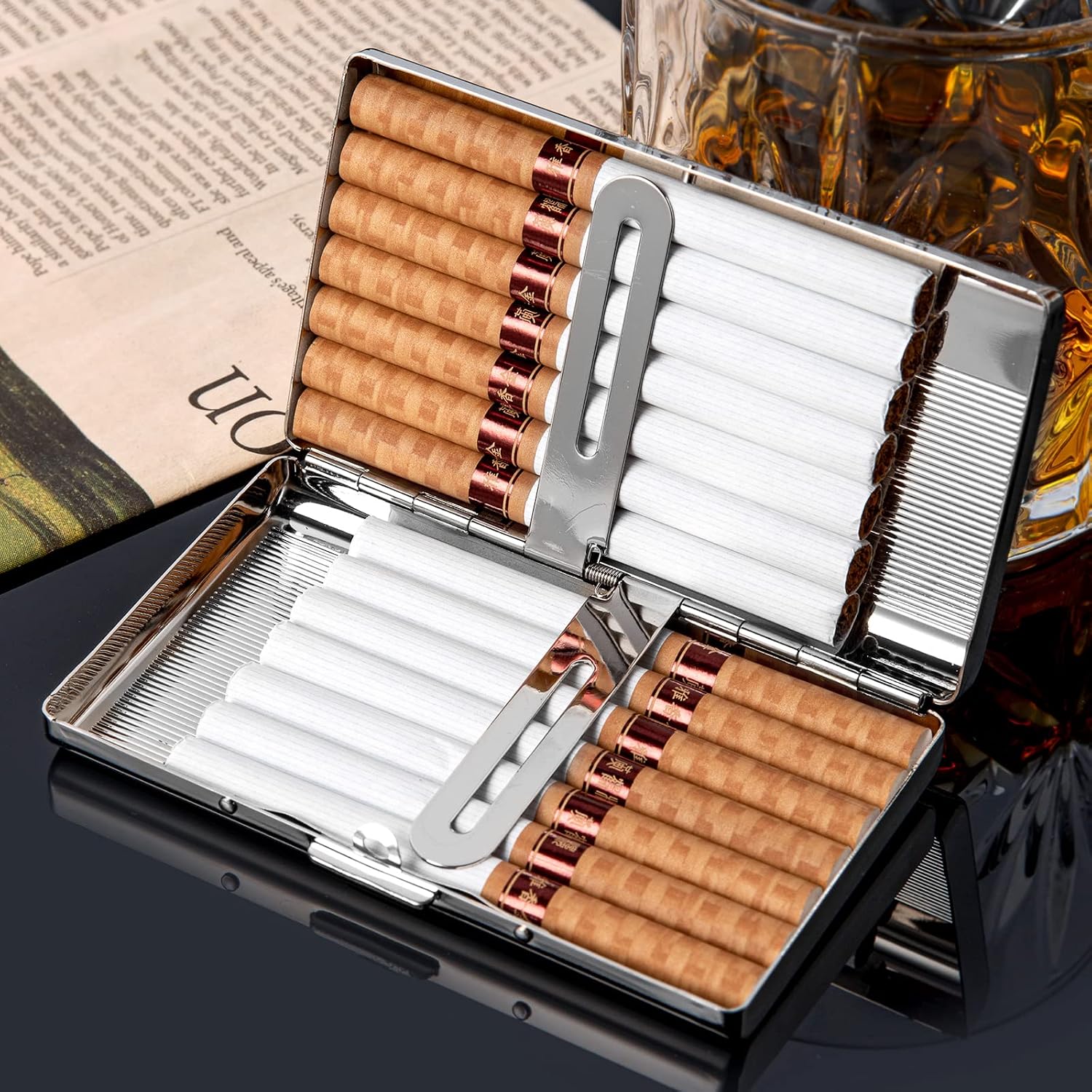 Retro Metal Cigarette Case Box -Double Sided Spring Clip Open Pocket Holder for 14 100mm Cigarettes Credit Card Holder Protective Security Wallet for Men and Women (Silver)