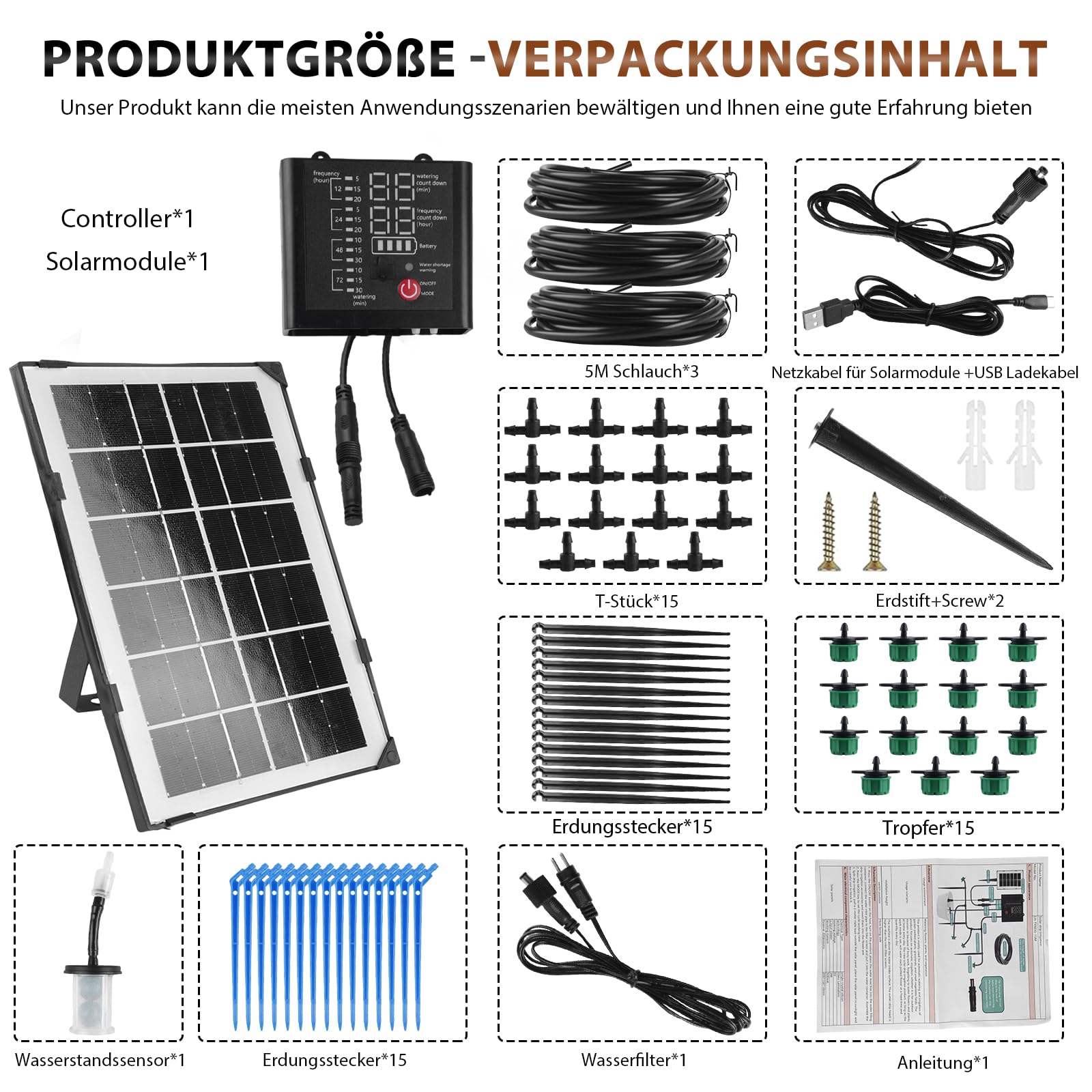 Sistema di irrigazione solare, irrigazione automatica, sistema di irrigazione a goccia con 12 modalità timer, sensore dell'acqua, tubo da 15 m per giardino, balcone, piante, piante in vaso, vacanze