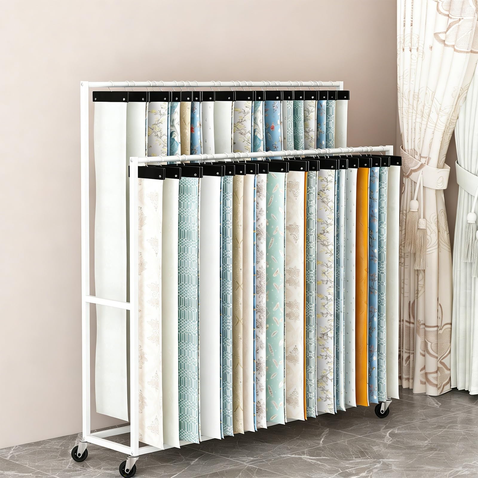 Freistehendes, doppelseitiges Stoffrollen-Aufbewahrungsregal aus Metall, Textilpräsentationsständer für Boutiquen und Ausstellungen, Weiß, 150 x 30 x 150 cm – Robuster und stilvoller Organiz