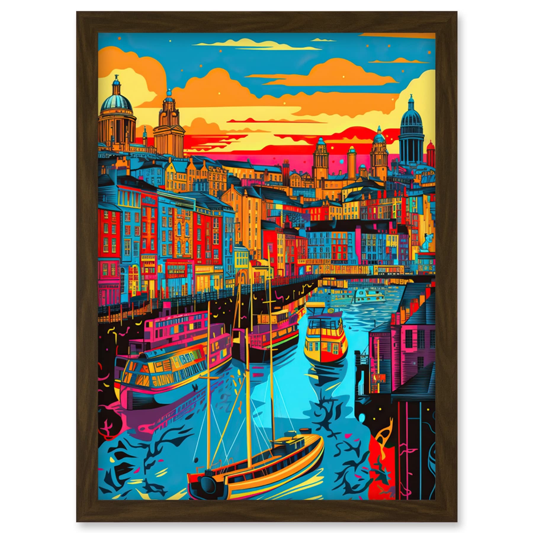 Artery8 Vibrant Liverpool City Waterfront Sunset Cityscape Artwork Framed Wall Art Print A4