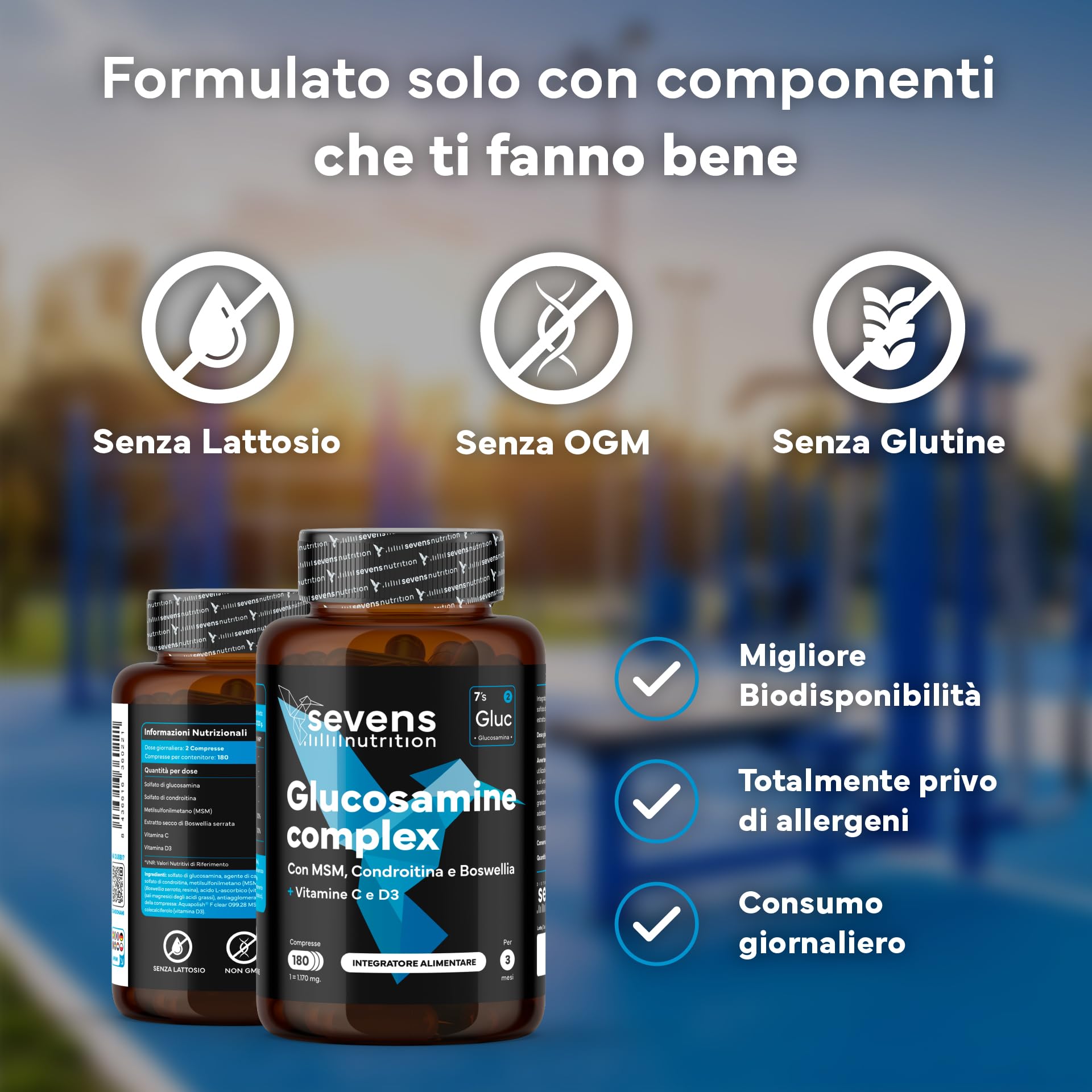 Glucosamina, Condroitina e MSM – Integratore per Articolazioni, Cartilagine e Ossa – Formula con Boswellia, Vitamine C e D3 – 180 Capsule ad Alta Densità – Sevens Nutrition