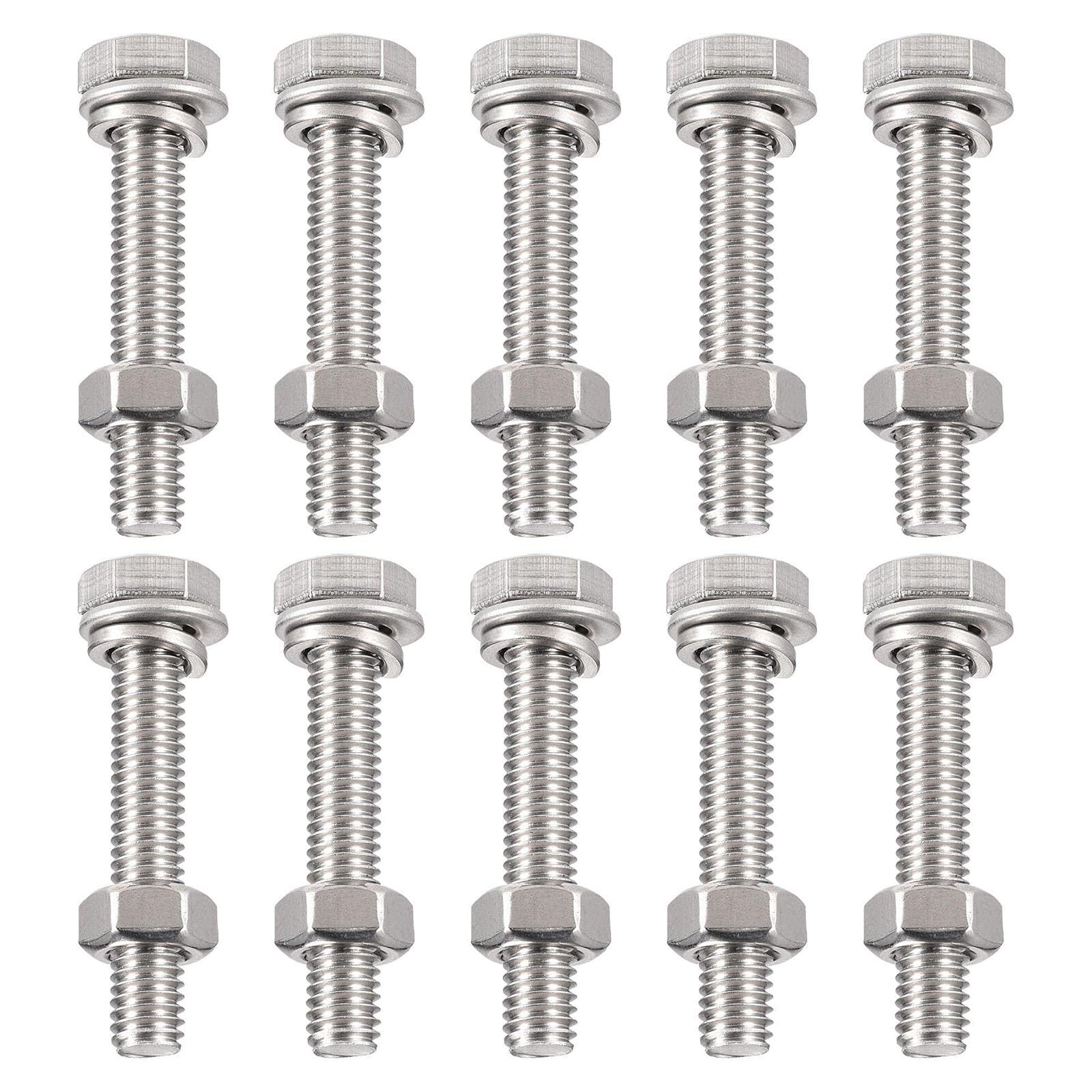 TA-VIGOR 10Pcs M6 x 35mm Hex Head Screws Bolts, Nuts, Flat & Lock Washers Kits, Fully Thread Hexagon Bolts
