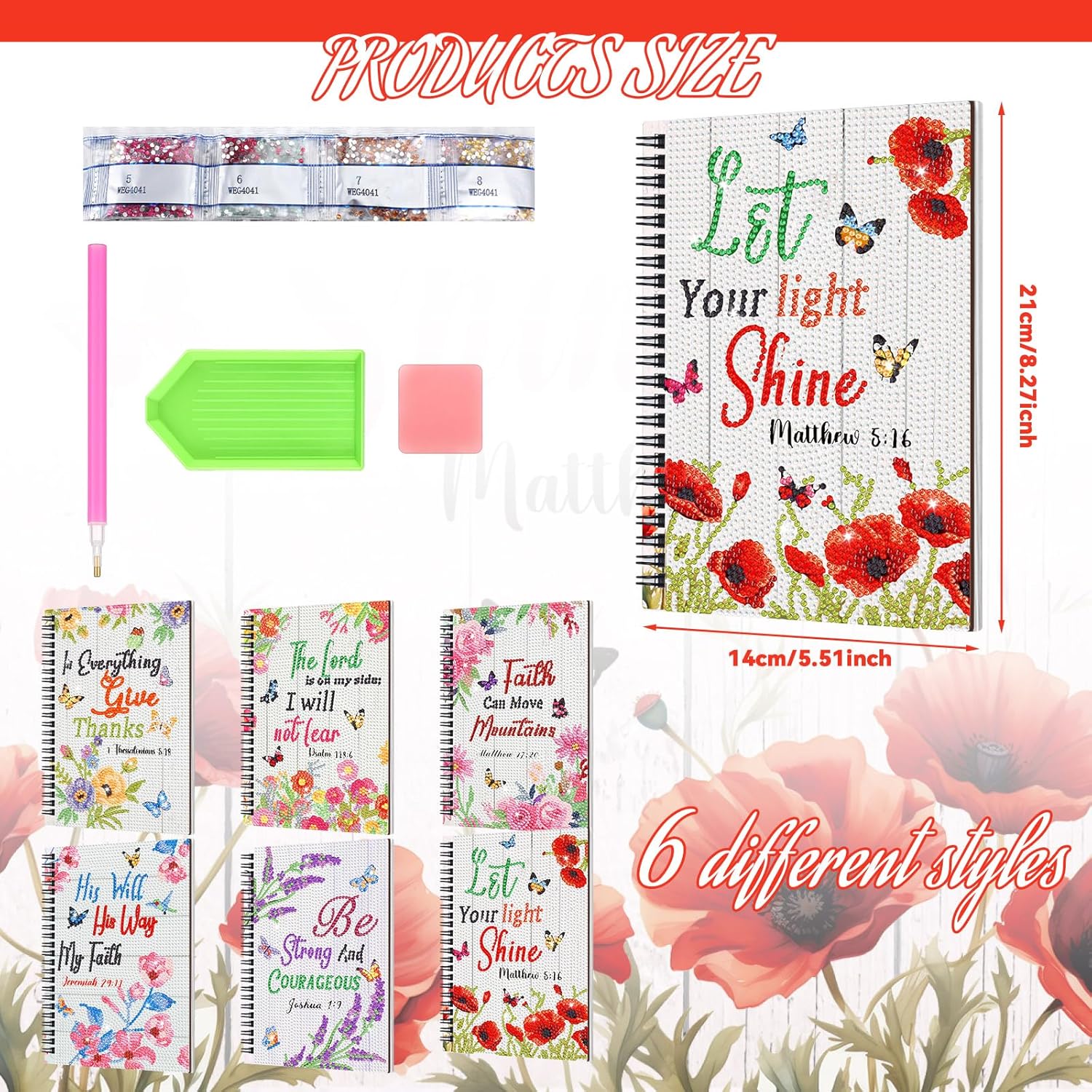 Fullhawl 6 Pack 5D DIY Diamond Art Notebook Kits for Adults Beginner A5 Leather Diamond Painting Gift for Women Art Cover Notepad Sketchbook Journal Crafts Accessories with Tool(Bible Florals)      Unknown Binding