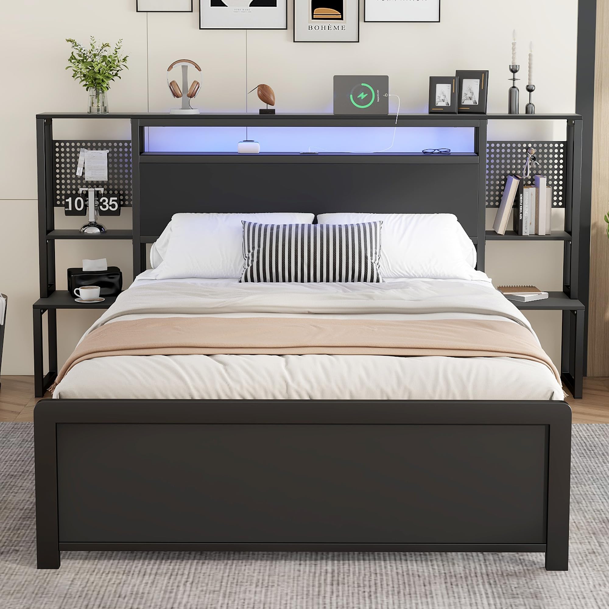Merax Metal Bed 4ft6 Double Iron Bed 135x190cm with LED Strip Lights and Charging Ports, One-Piece Bedside Table, Black, Modern & Sturdy - No Matress
