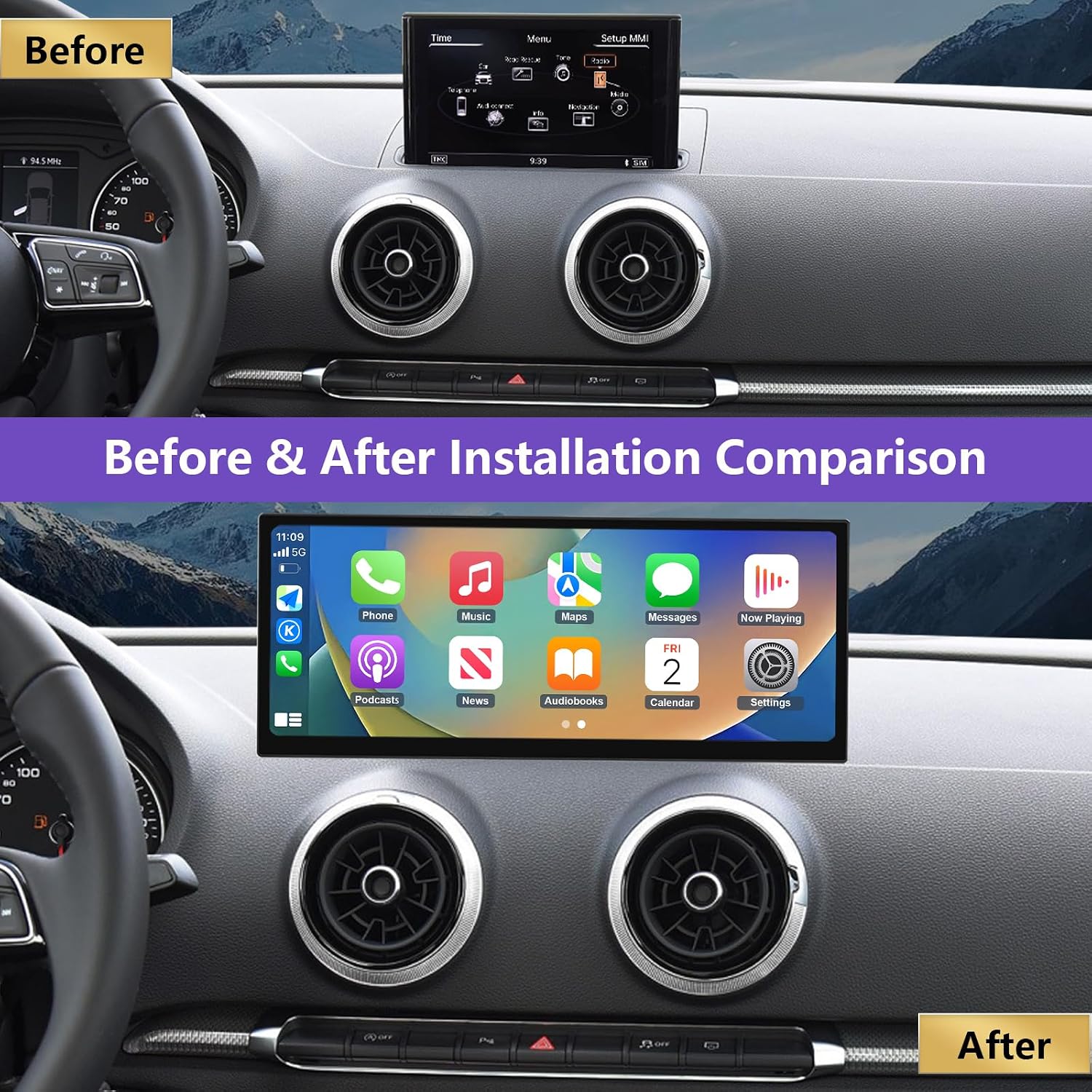 Before and after installation comparison of the NINETOM touchscreen in an Audi A3/S3
