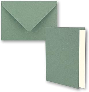 Lot de 25 cartes pliées en papier kraft vert eucalyptus vintage avec enveloppes et inserts DIN A6 10,5 x 14,8 cm – Eucalyptus – Recyclage – Vierge